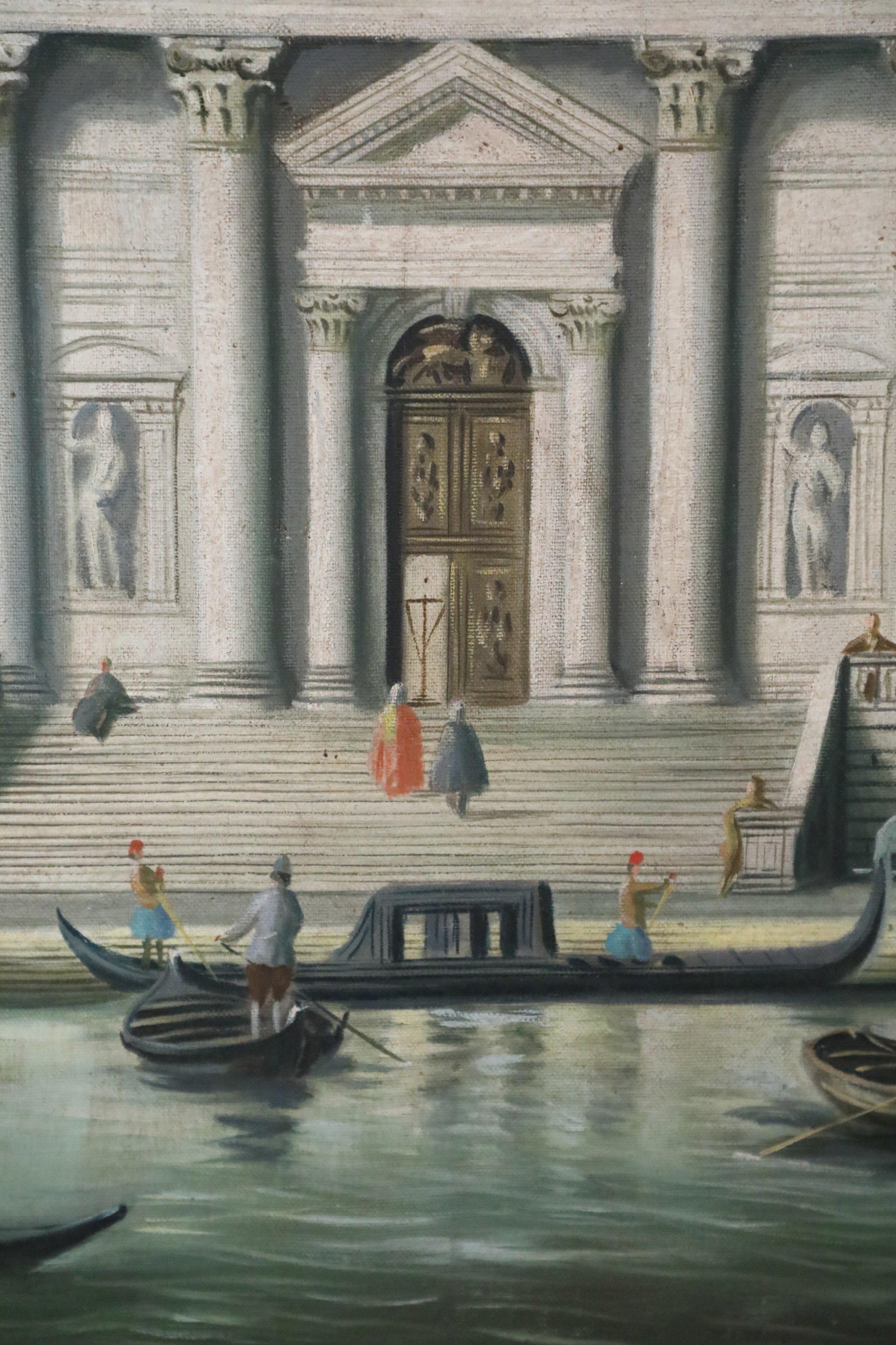 Weiße gewölbte Kirche im Grand Tour-Stil des 20. Jahrhunderts auf venezianischem Kanal, Ölgemälde im Angebot 1