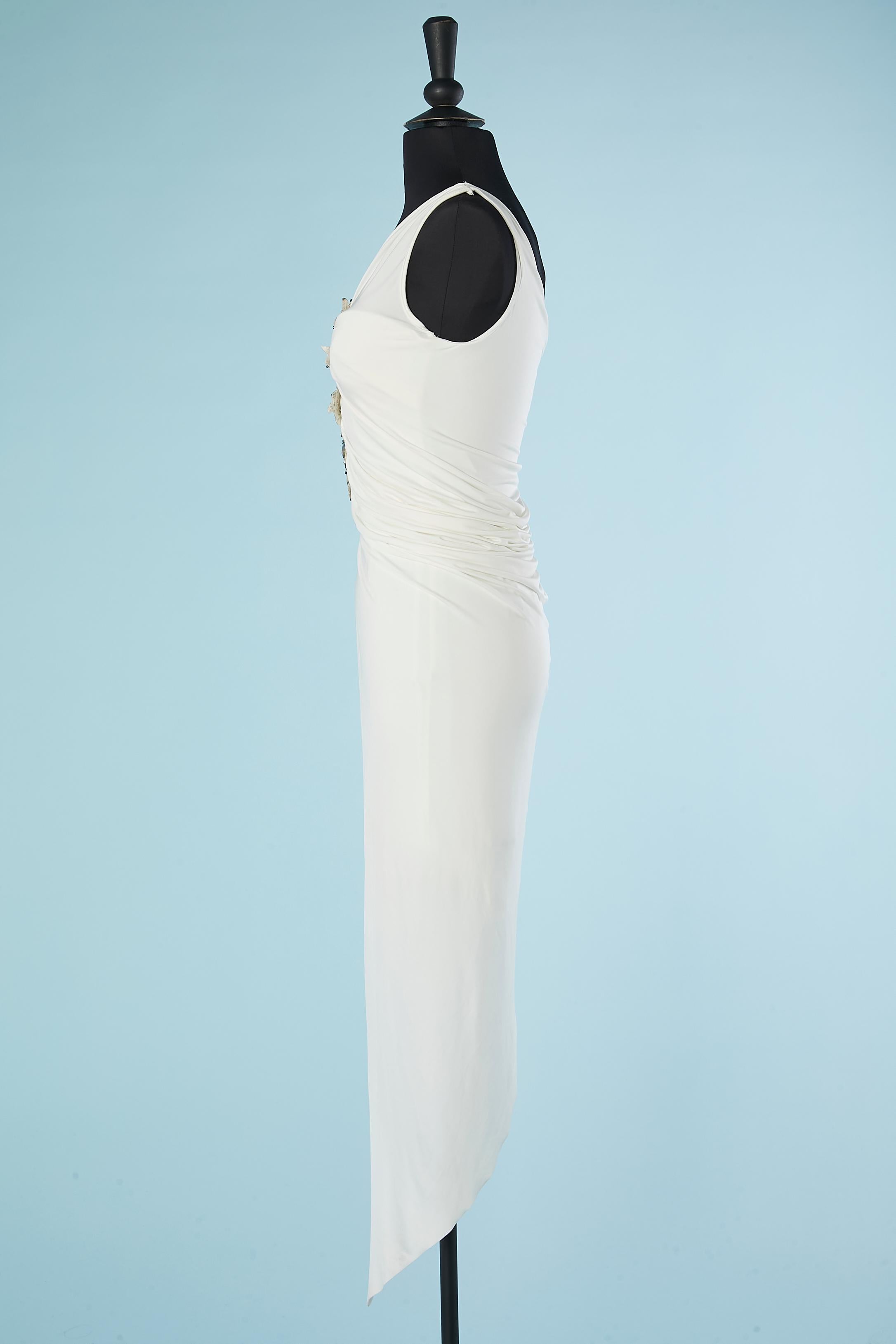 White draped and asymmetrical cocktail dress with beadwork Roberto Cavalli  In Excellent Condition For Sale In Saint-Ouen-Sur-Seine, FR