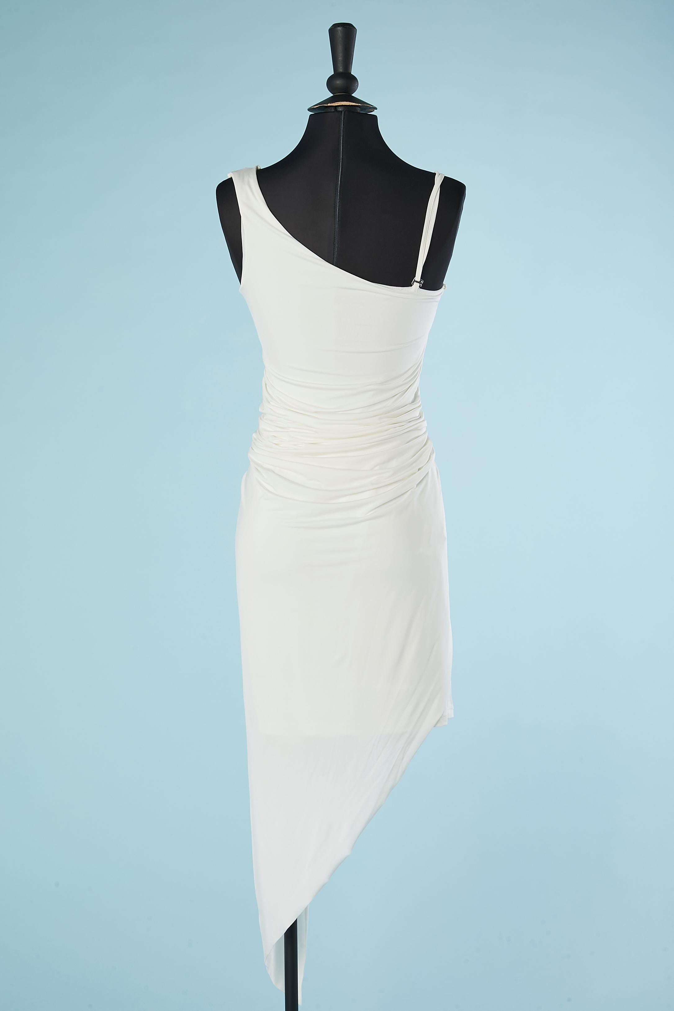 Weißes drapiertes und asymmetrisches Cocktailkleid mit Perlenstickerei Roberto Cavalli Damen im Angebot