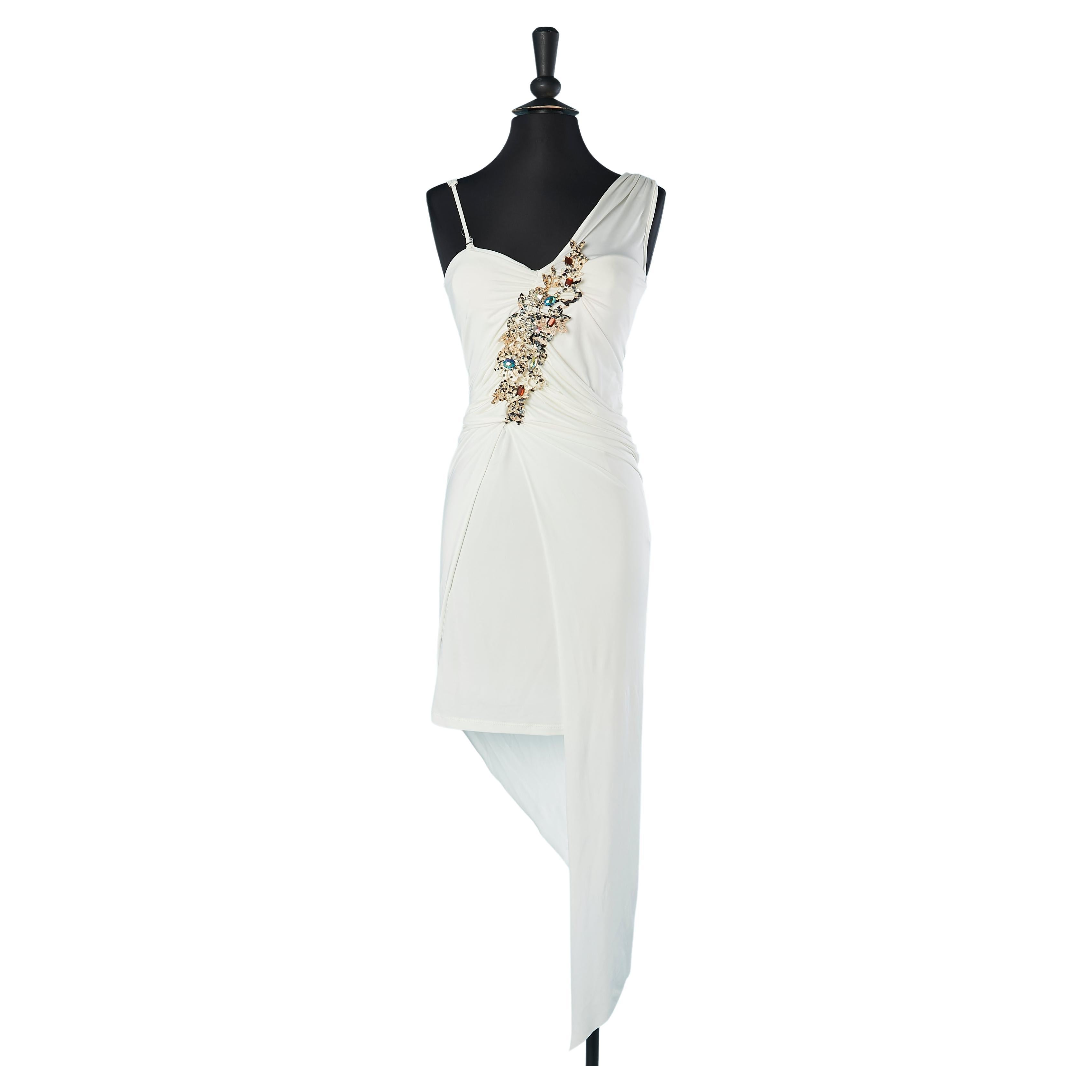 White draped and asymmetrical cocktail dress with beadwork Roberto Cavalli  For Sale