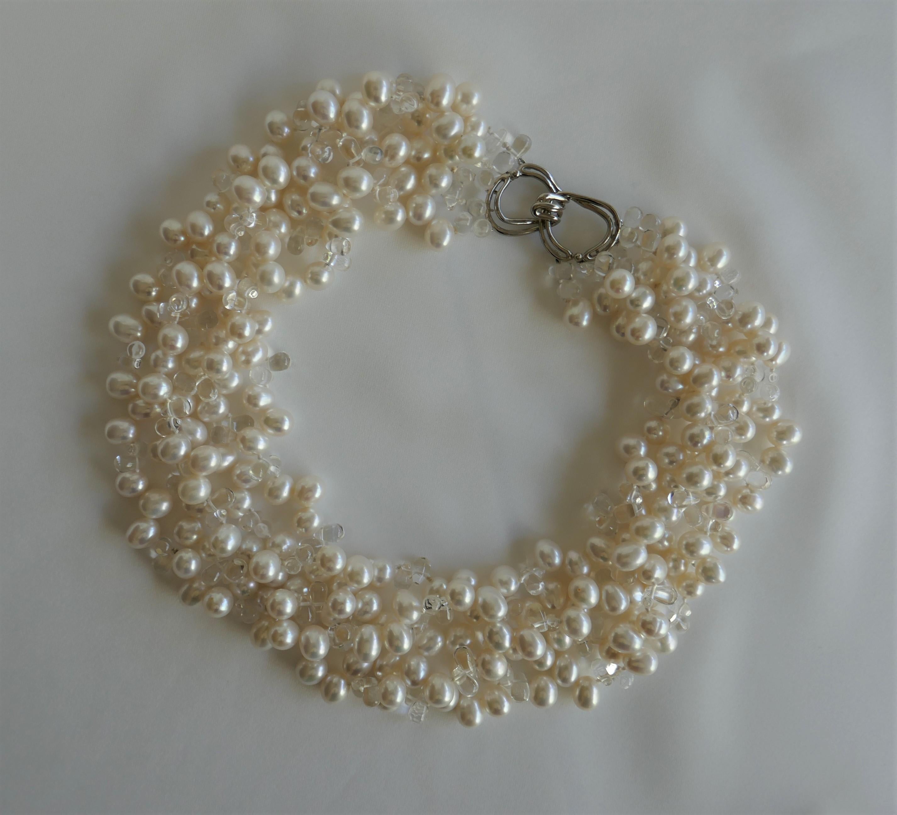Contemporary White Drop Cultured Pearls Rock Crystal 925 Sterling Silver Clasp Necklace