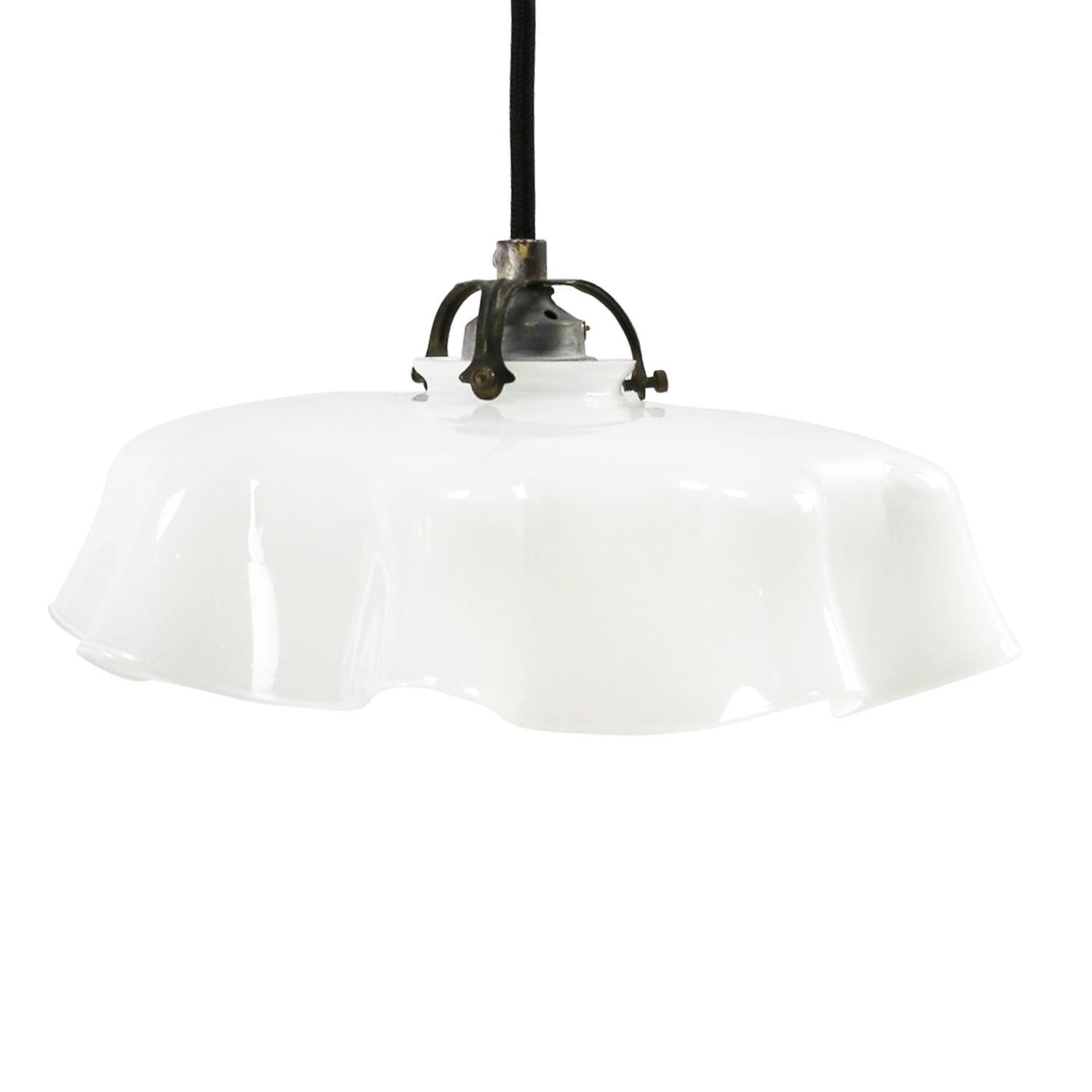 Dutch opaline glass industrial pendant.
Excluding light bulb.

Weight 1.50 kg / 3.3 lb

All lamps have been made suitable by international standards for incandescent light bulbs, energy-efficient and LED bulbs. E26/E27 bulb holders and new