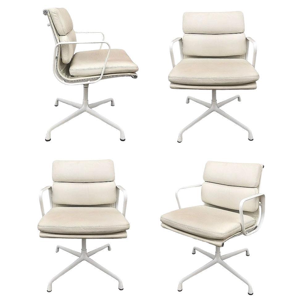 White Eames EA208 Leather Soft Pad Chair by Herman Miller, Set of 4