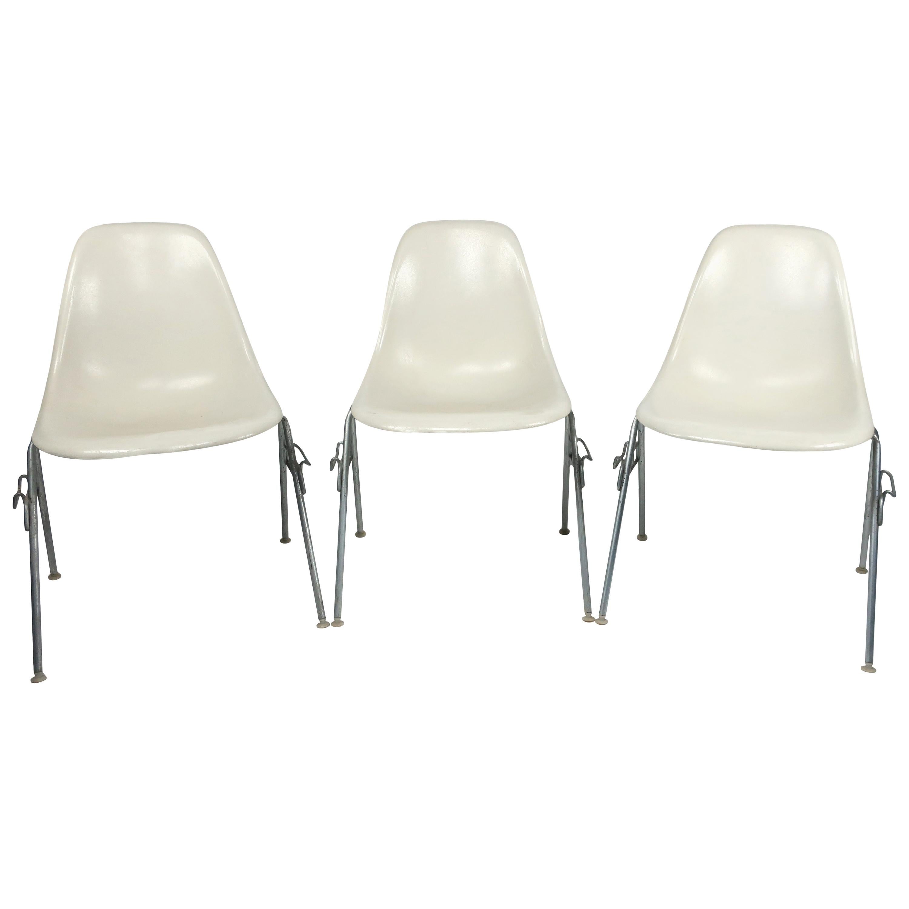 White Eames Stacking Chairs for Herman Miller, Set of Three