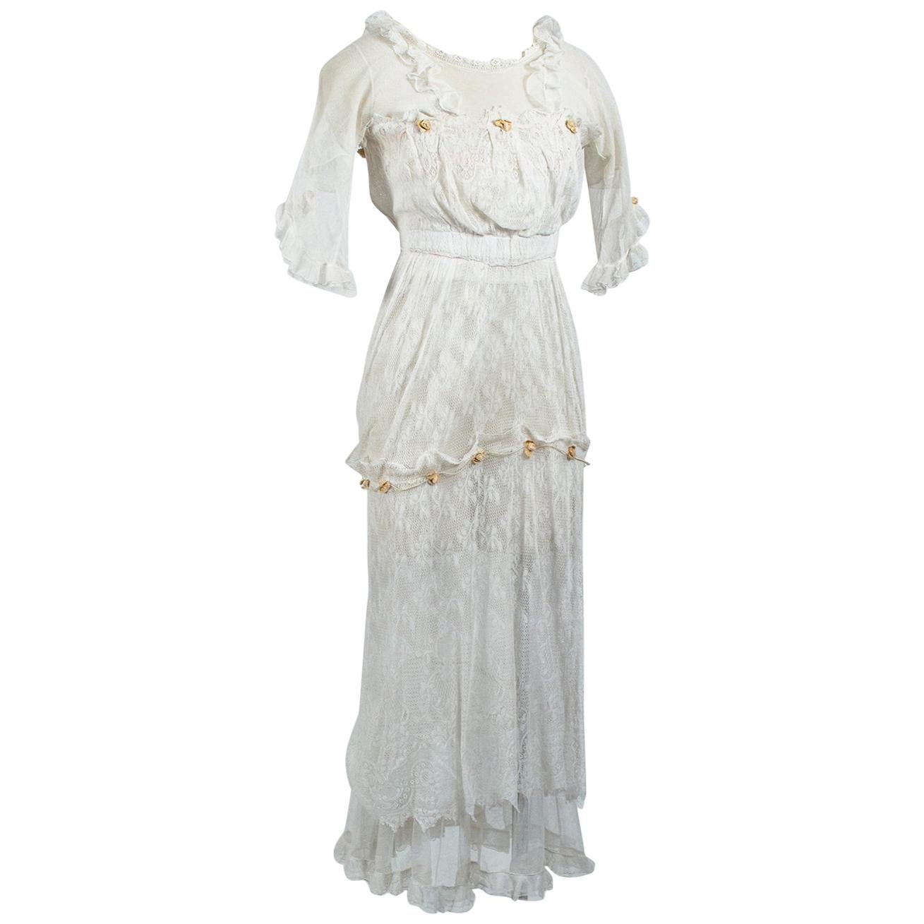 Abito da tè pomeridiano o da sposa in rete bianca edoardiana - XXS, primi anni del 1900