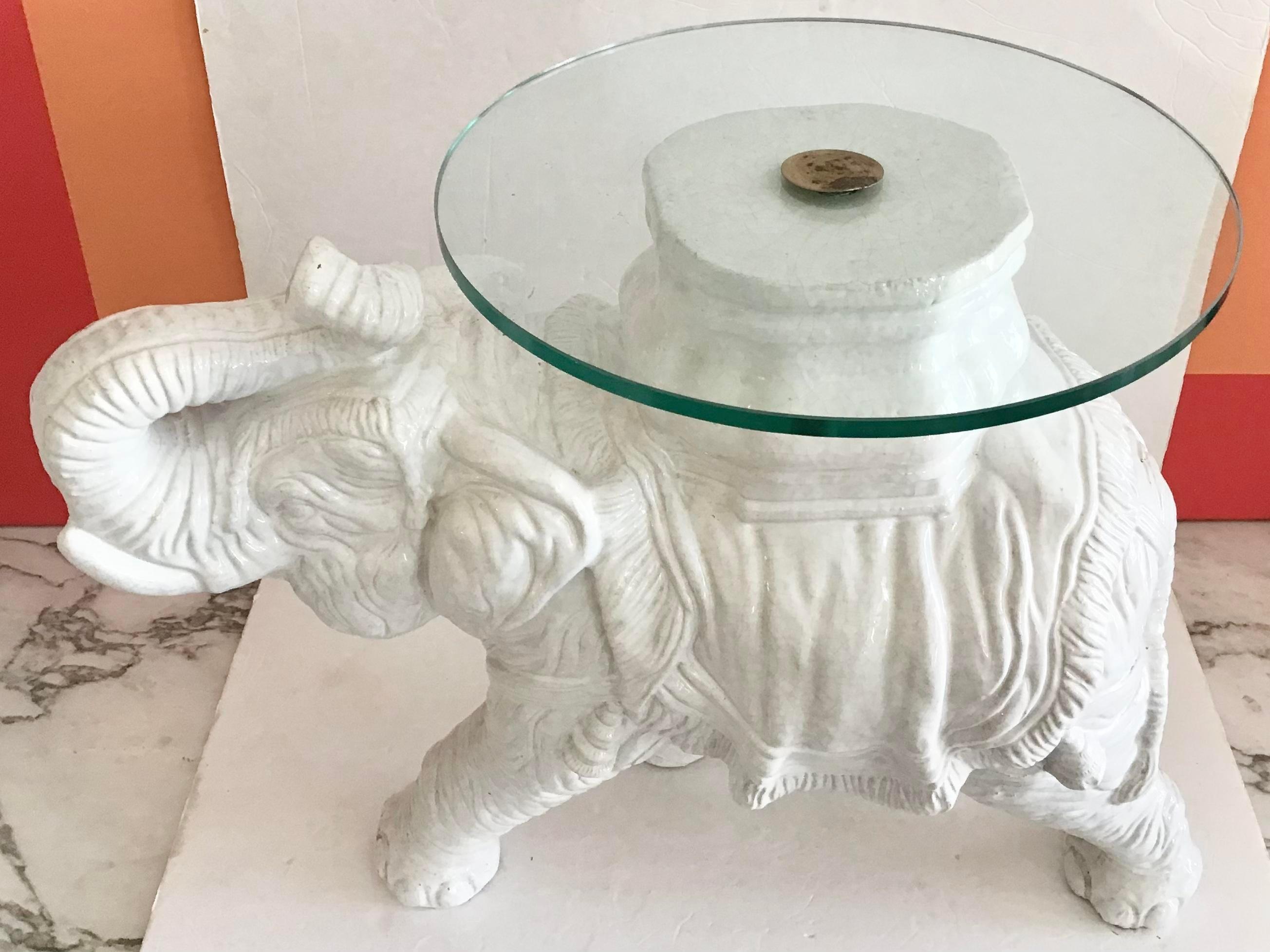 White Elephant Glazed Terra Cotta Cocktail Table with Glass Top In Good Condition For Sale In Los Angeles, CA