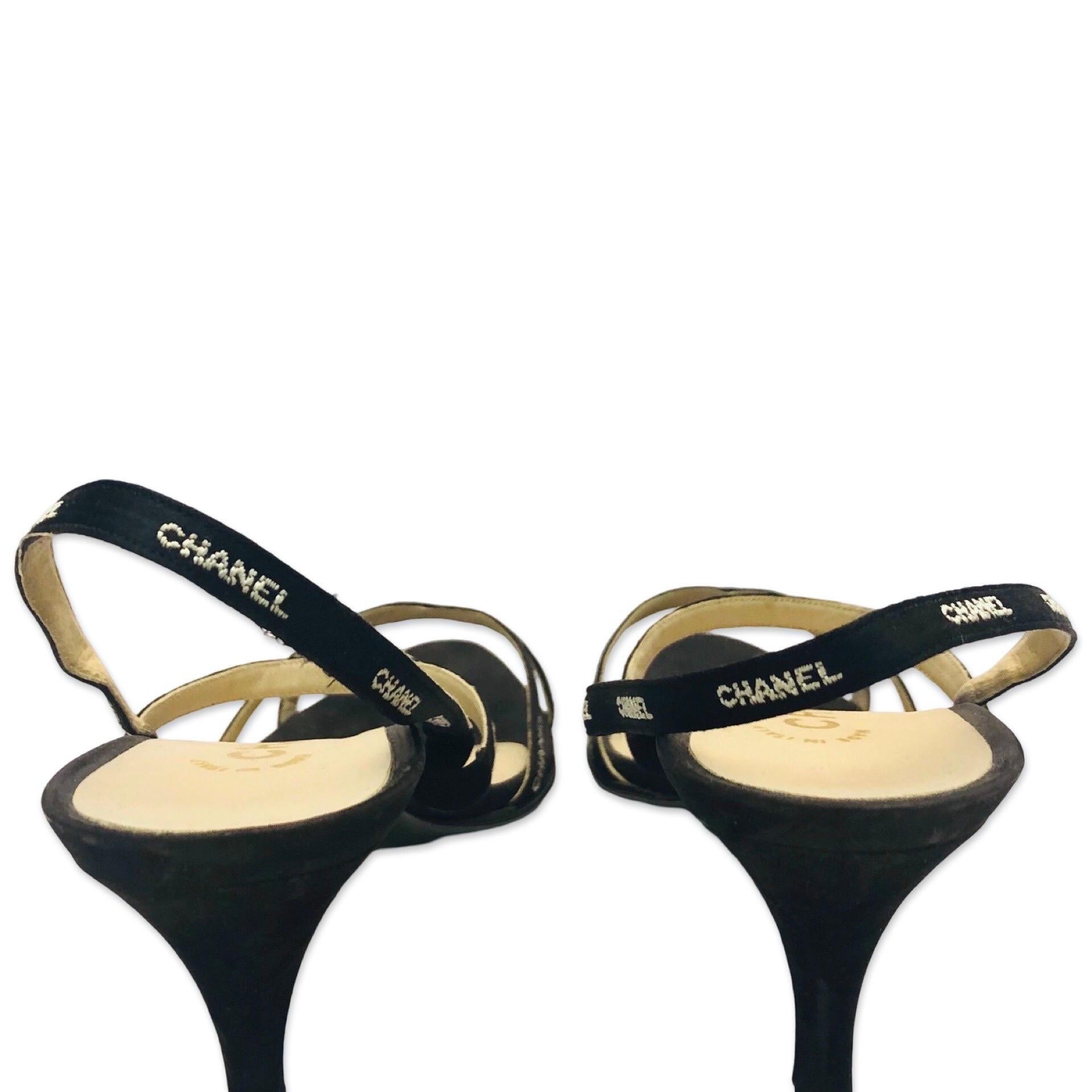 Women's White embroidered Chanel print on black silk straps sandals heels For Sale