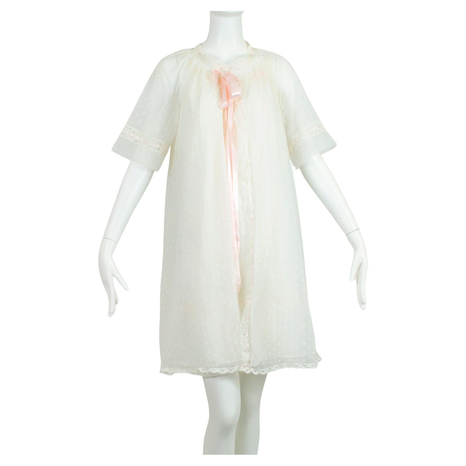 Weißes Babydoll mit gestickten Schweizer Ösen und rosa Schleifenbändern - S, 1960er