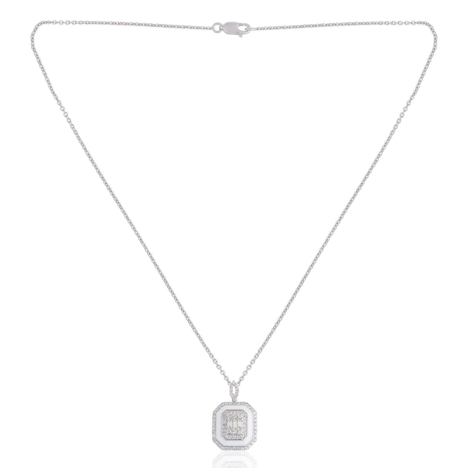 Modern White Enamel 14 Karat Gold Diamond Pendant Necklace For Sale