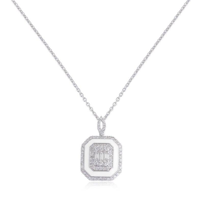 Emerald Cut White Enamel 14 Karat Gold Diamond Pendant Necklace For Sale