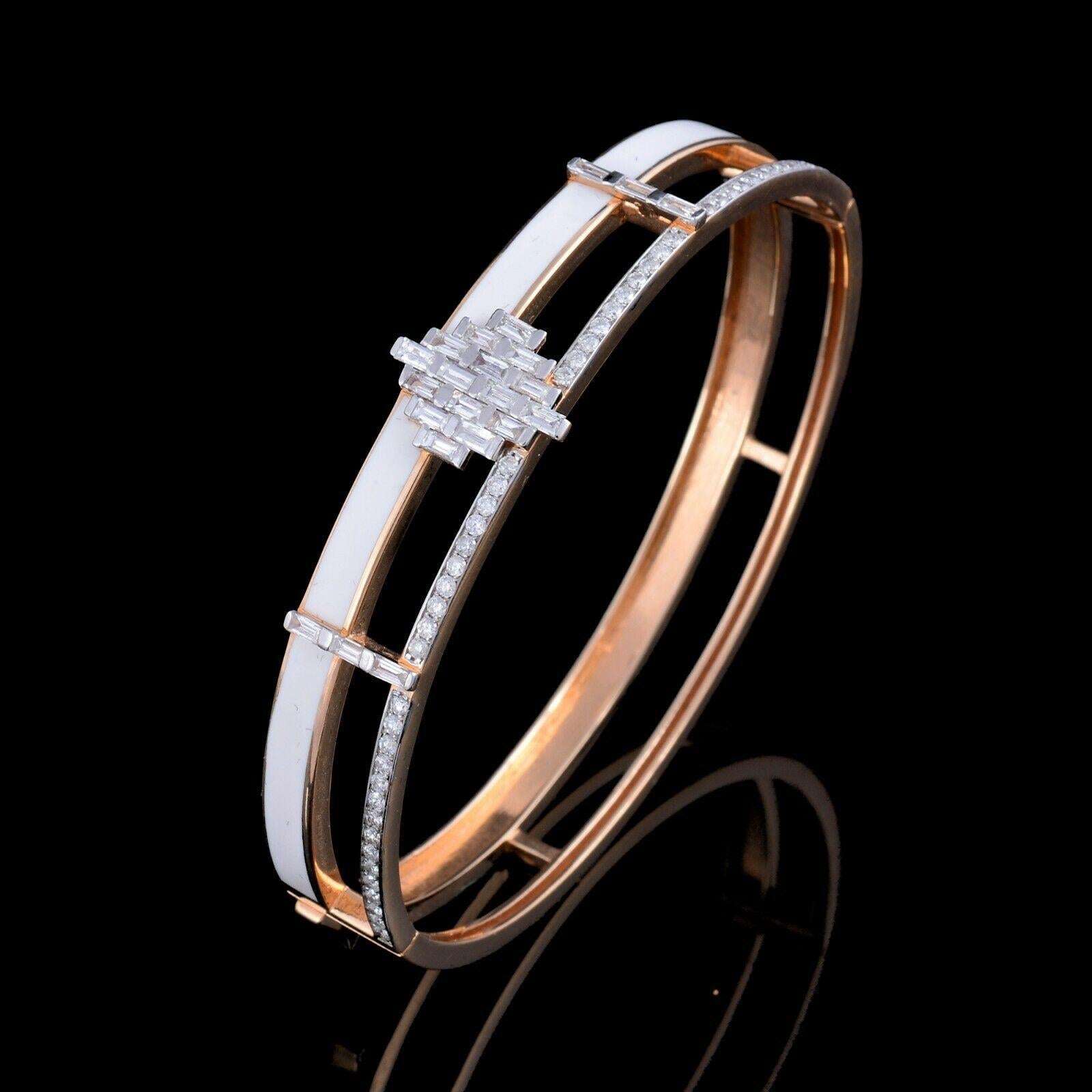 A white enamel bangle bracelet handmade in 14K rose gold & set in 1.95 carats of sparkling diamonds. We can also design in custom enamel color.

FOLLOW MEGHNA JEWELS storefront to view the latest collection & exclusive pieces. Meghna Jewels is