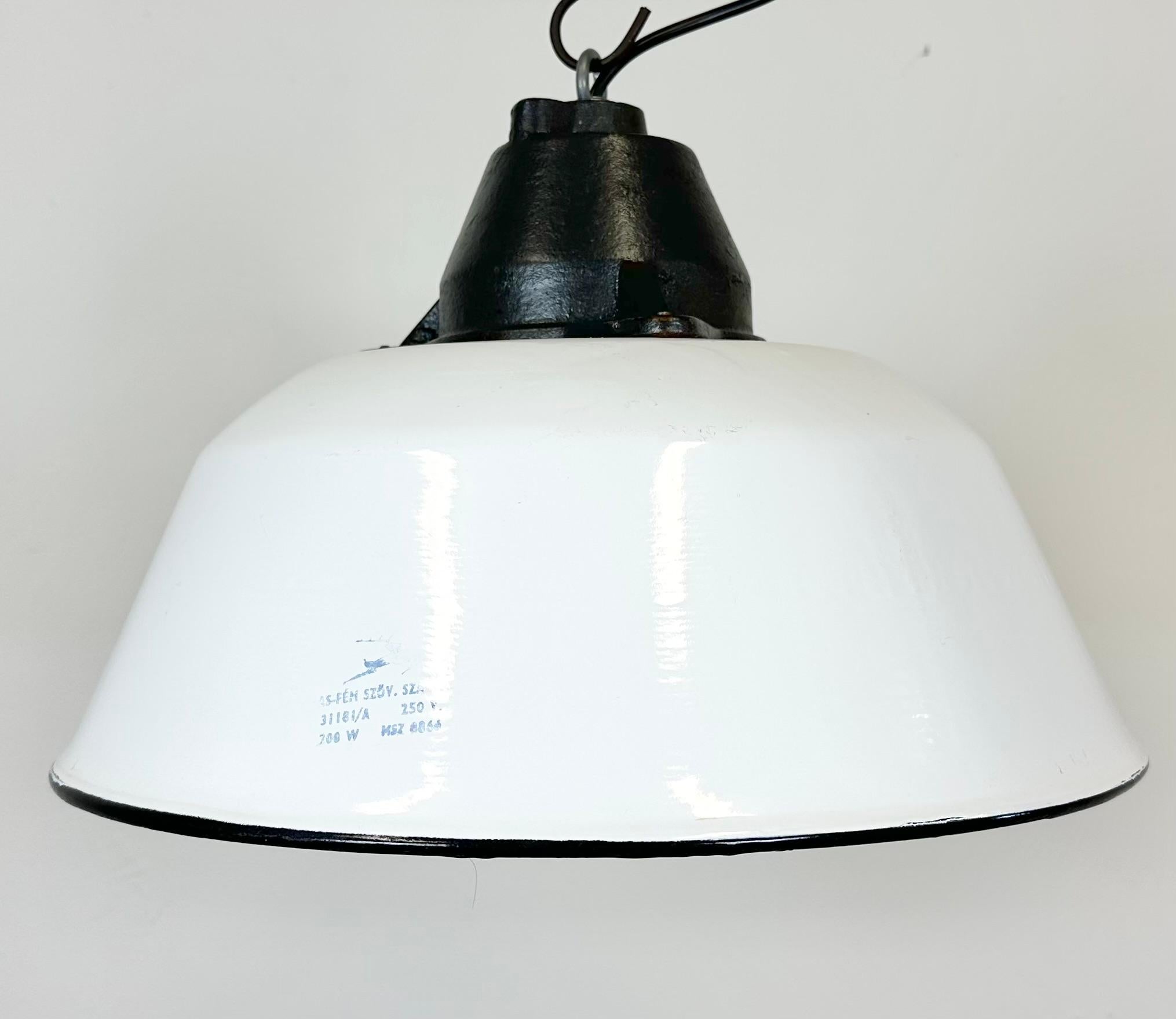 Hungarian White Enamel and Cast Iron Industrial Pendant Light , 1960s For Sale