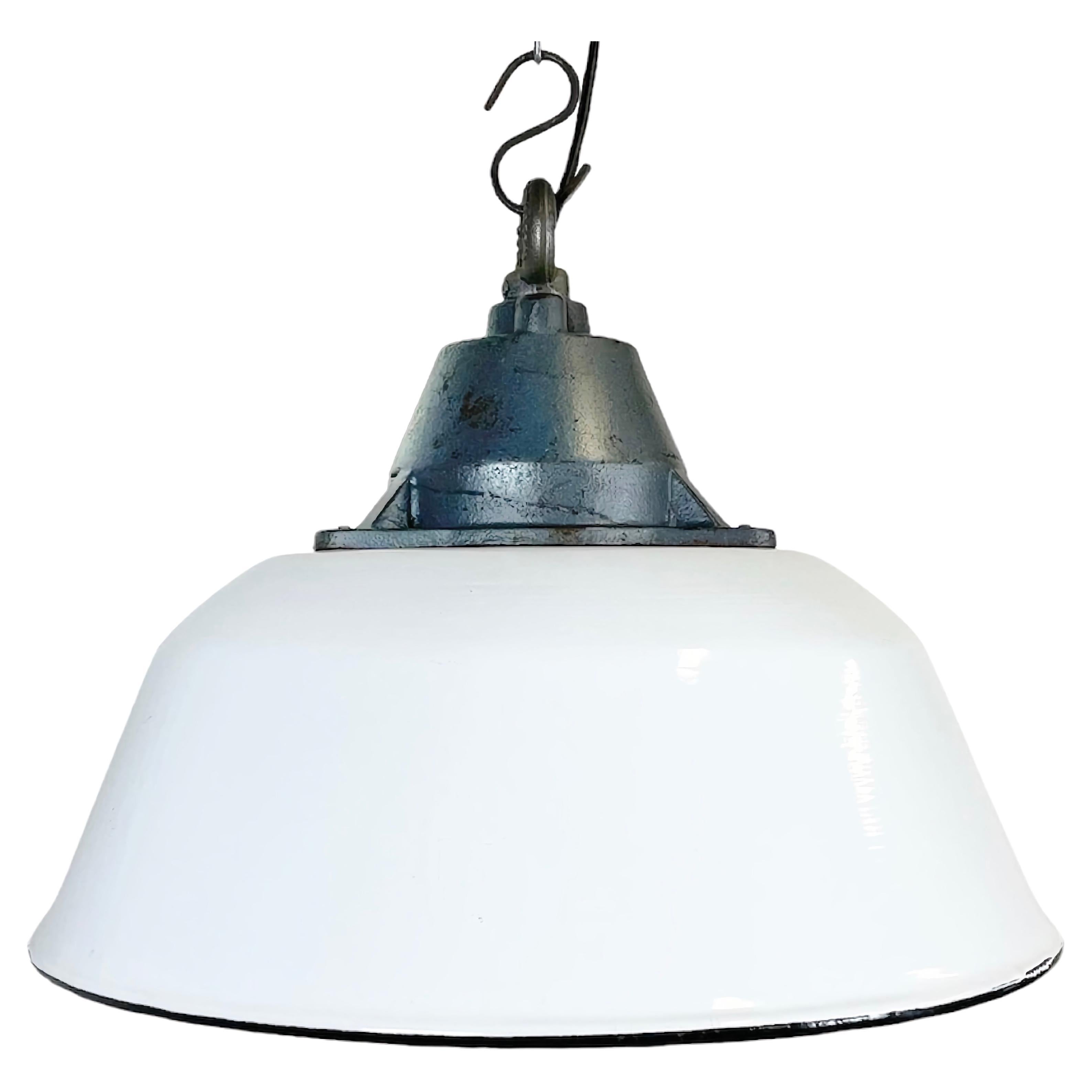 White Enamel and Cast Iron Industrial Pendant Light, 1960s For Sale