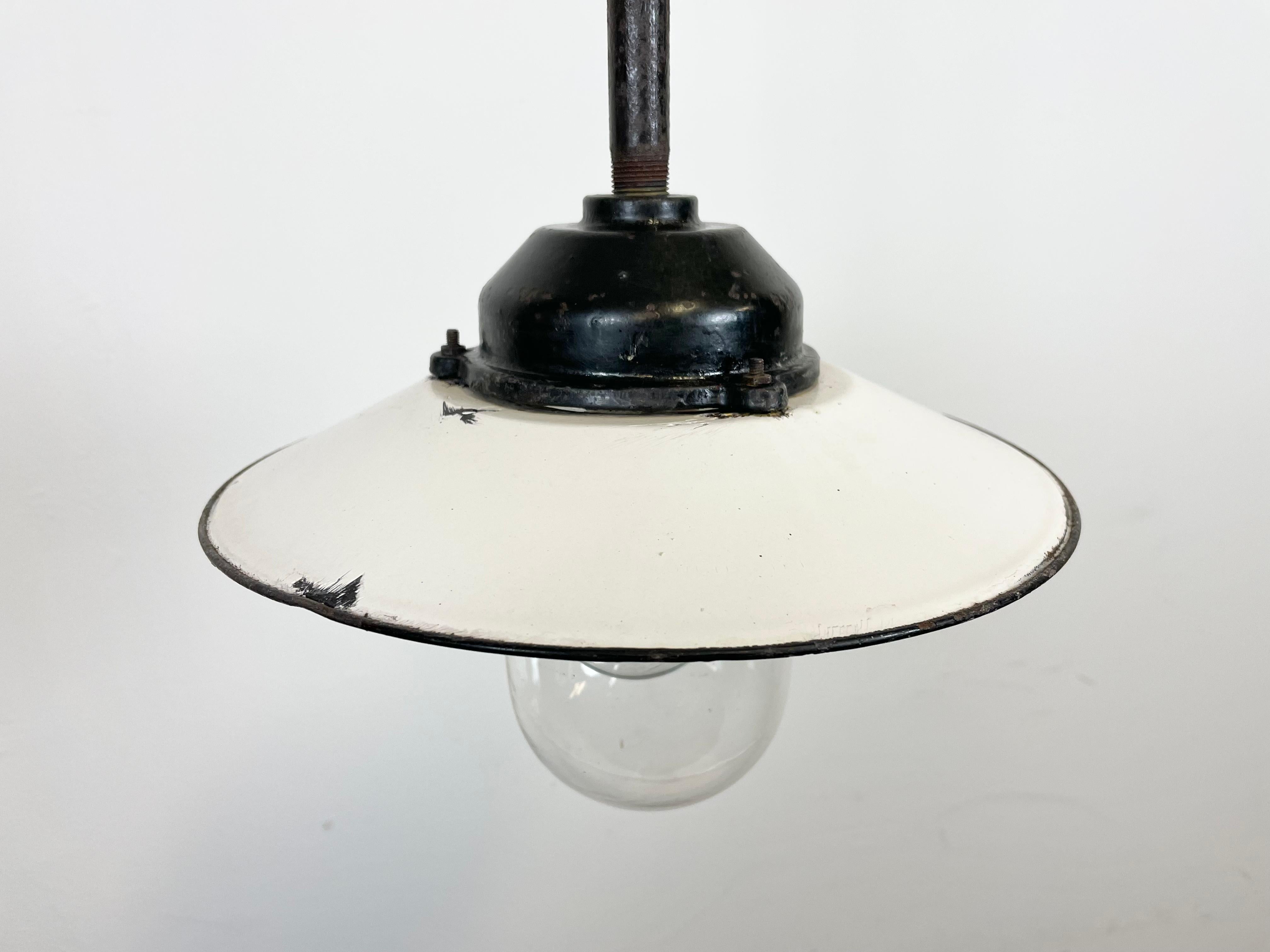 German White Enamel and Cast Iron Industrial Pendant Light from Helo Leuchten, 1950s For Sale