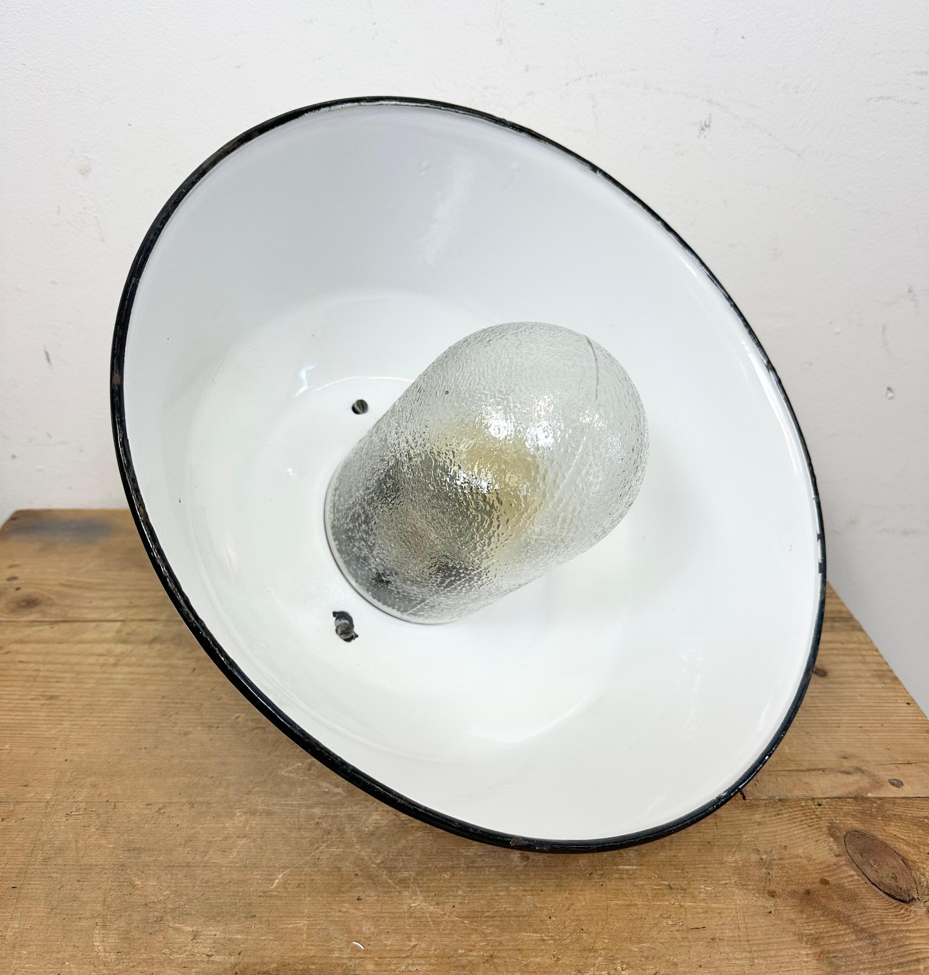 White Enamel and Cast Iron Industrial Pendant Light with Glass Cover, 1960s For Sale 7