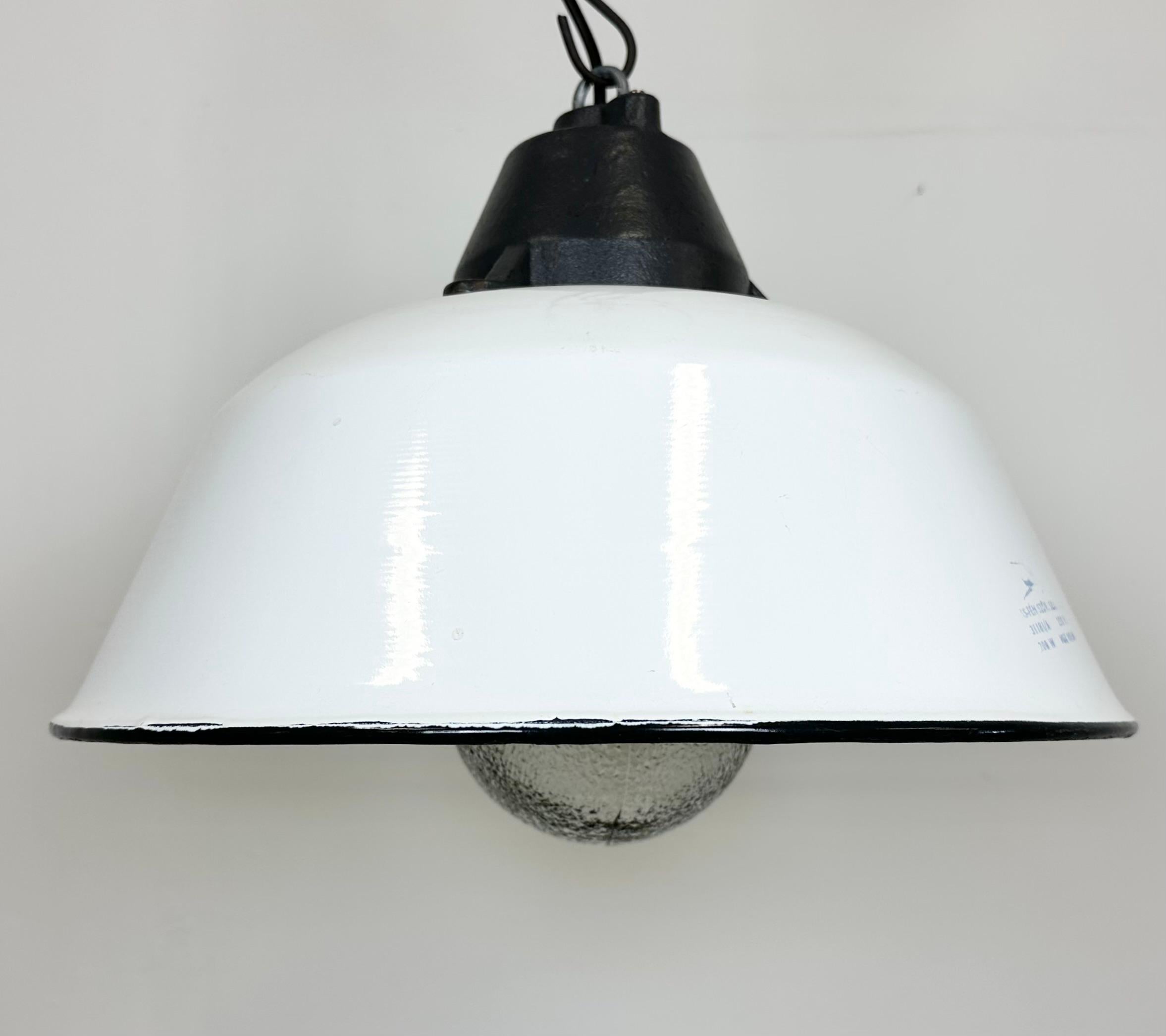 Hungarian White Enamel and Cast Iron Industrial Pendant Light with Glass Cover, 1960s For Sale