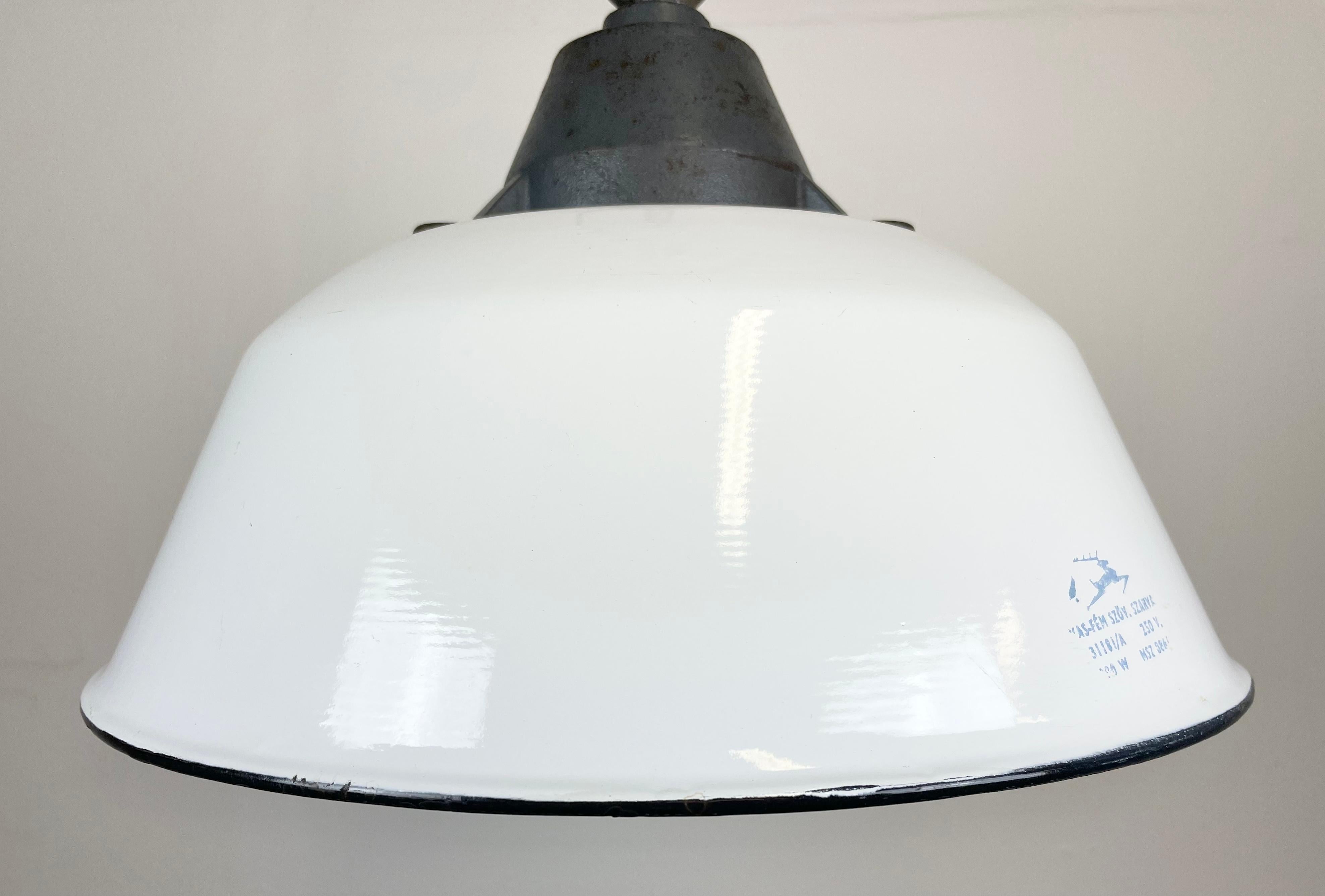 Hungarian White Enamel and Cast Iron Industrial Pendant Light with Glass Cover, 1960s For Sale