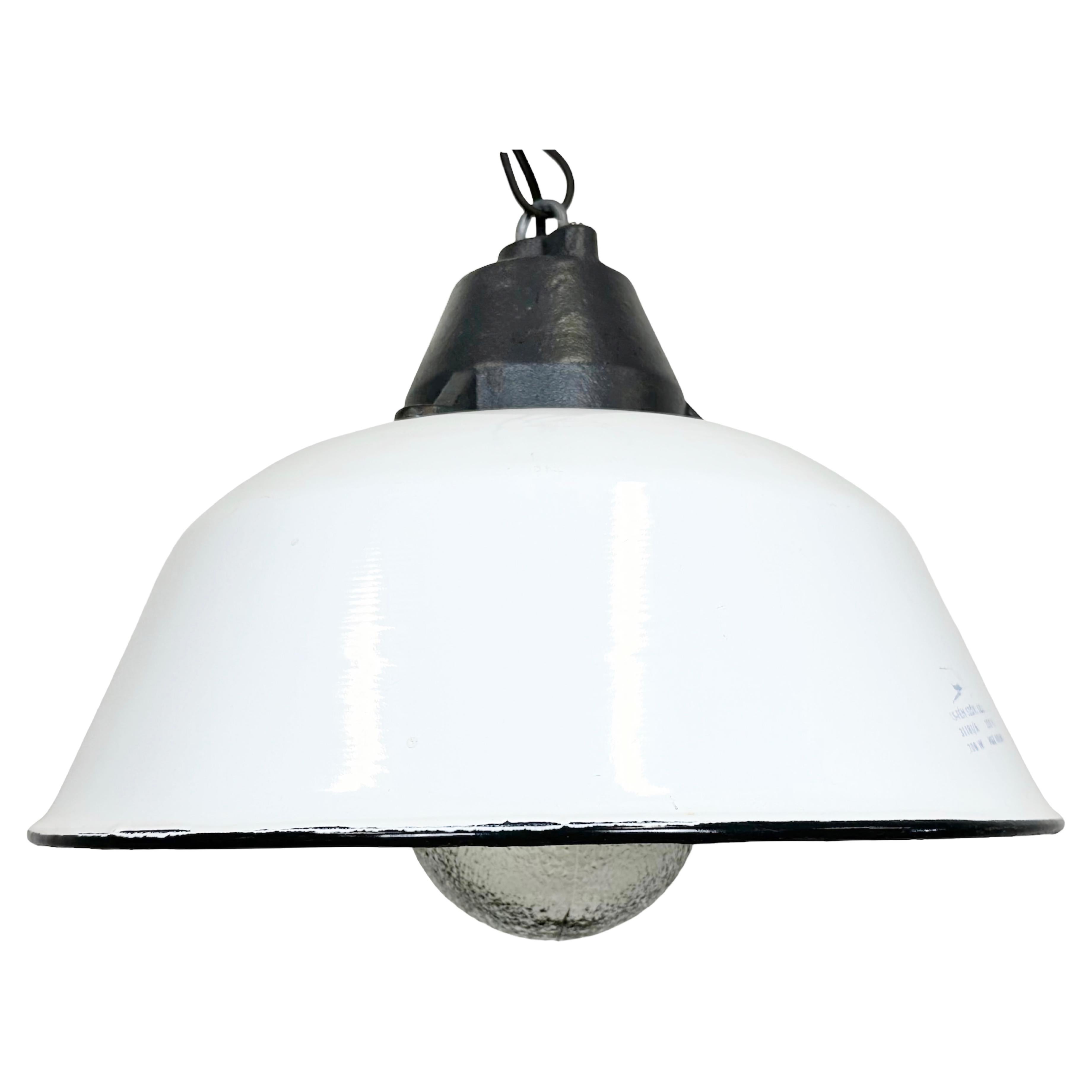 White Enamel and Cast Iron Industrial Pendant Light with Glass Cover, 1960s For Sale
