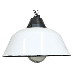 Retro White Enamel and Cast Iron Industrial Pendant Light with Glass Cover, 1960s