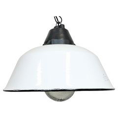 White Enamel and Cast Iron Industrial Pendant Light with Glass Cover, 1960s