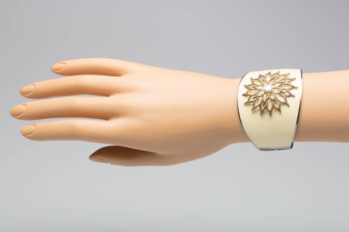 White Enamel and Diamond Cuff Bracelet In Excellent Condition In Nantucket, MA