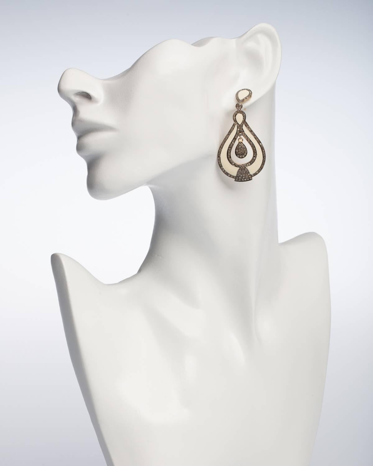 Women's or Men's White Enamel and Diamond Dangle Earrings