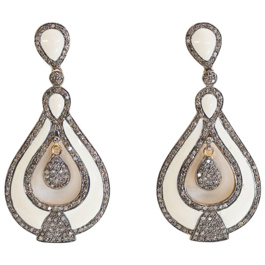 White Enamel and Diamond Dangle Earrings