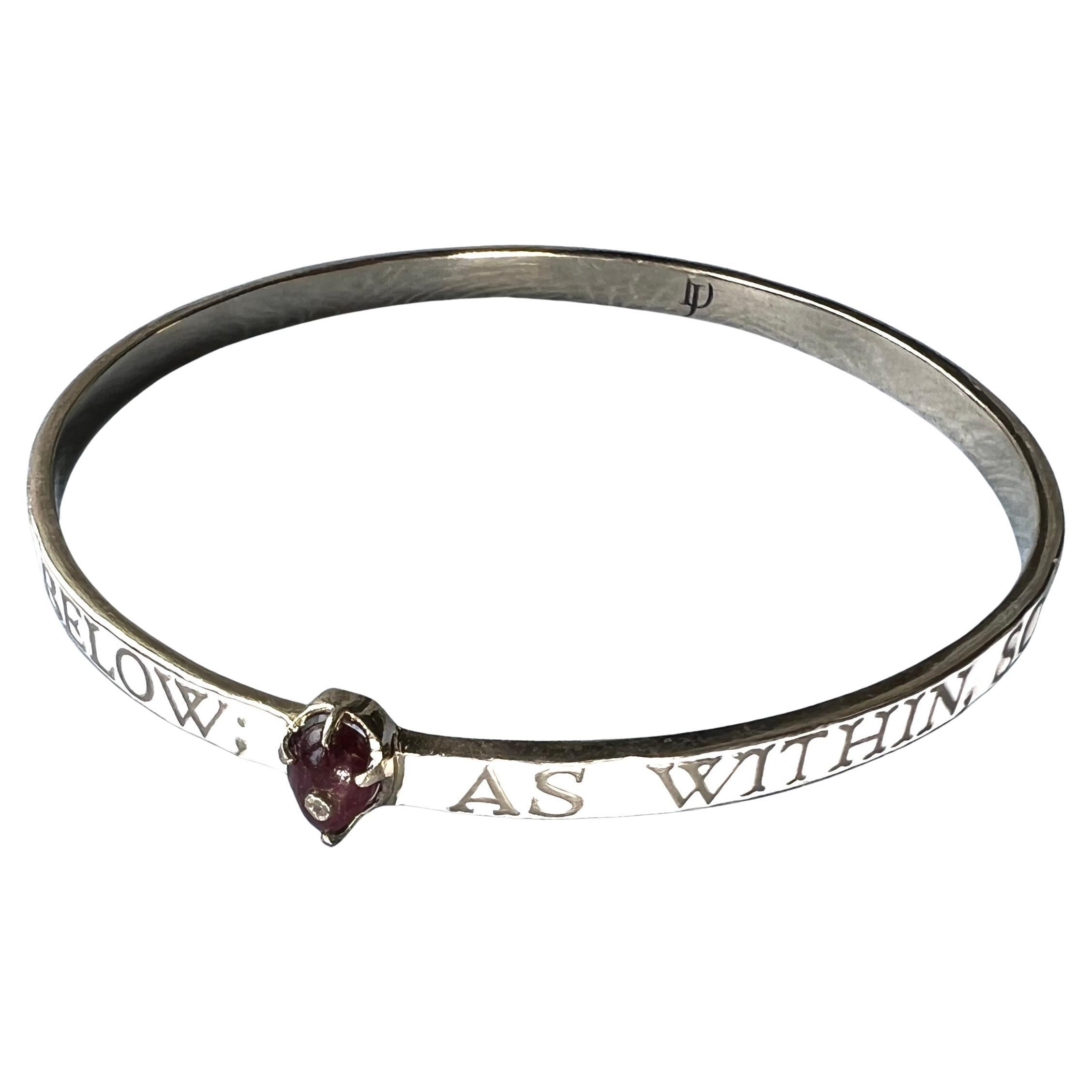 White Enamel Bangle Bracelet Diamond Garnet Heart