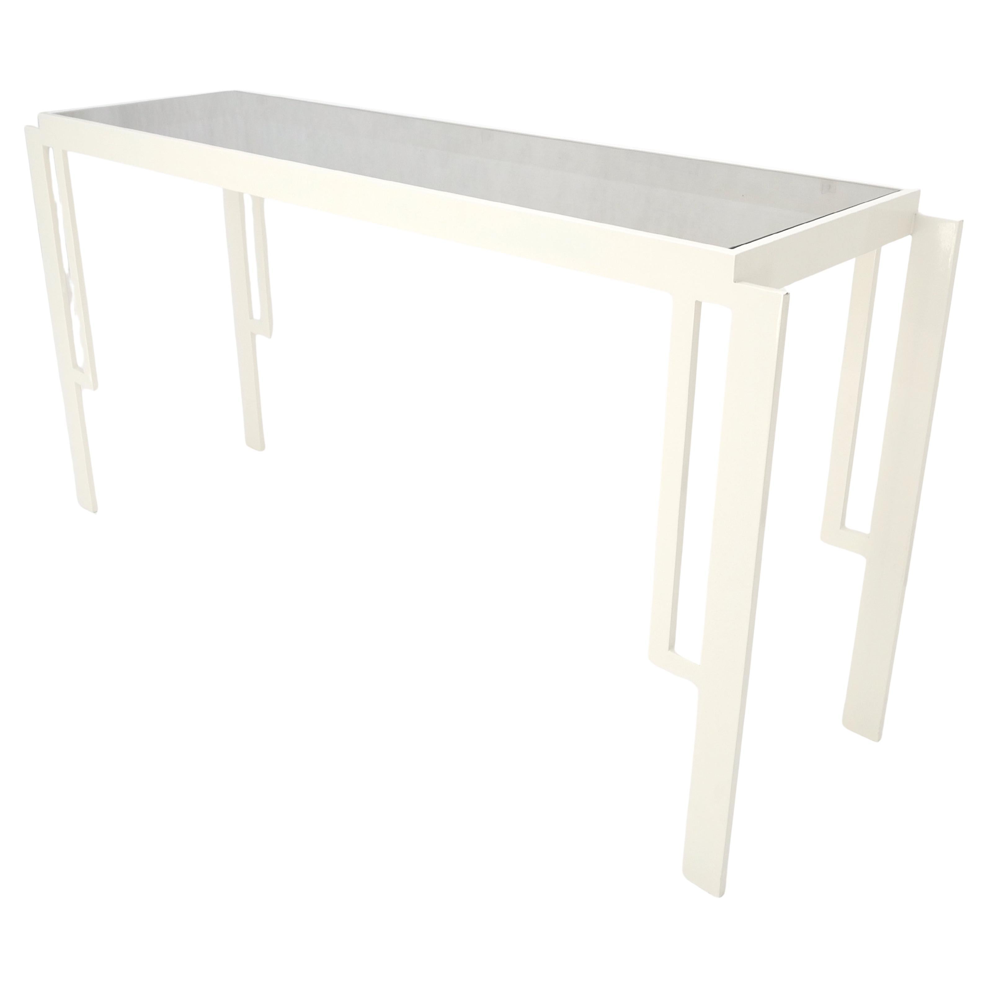 White Enamel Base Frame  Smoked Glass 54" Mid Century Console Sofa Table MINT