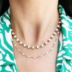 White Enamel Bead Dainty Chain Necklace 14k Yellow Gold