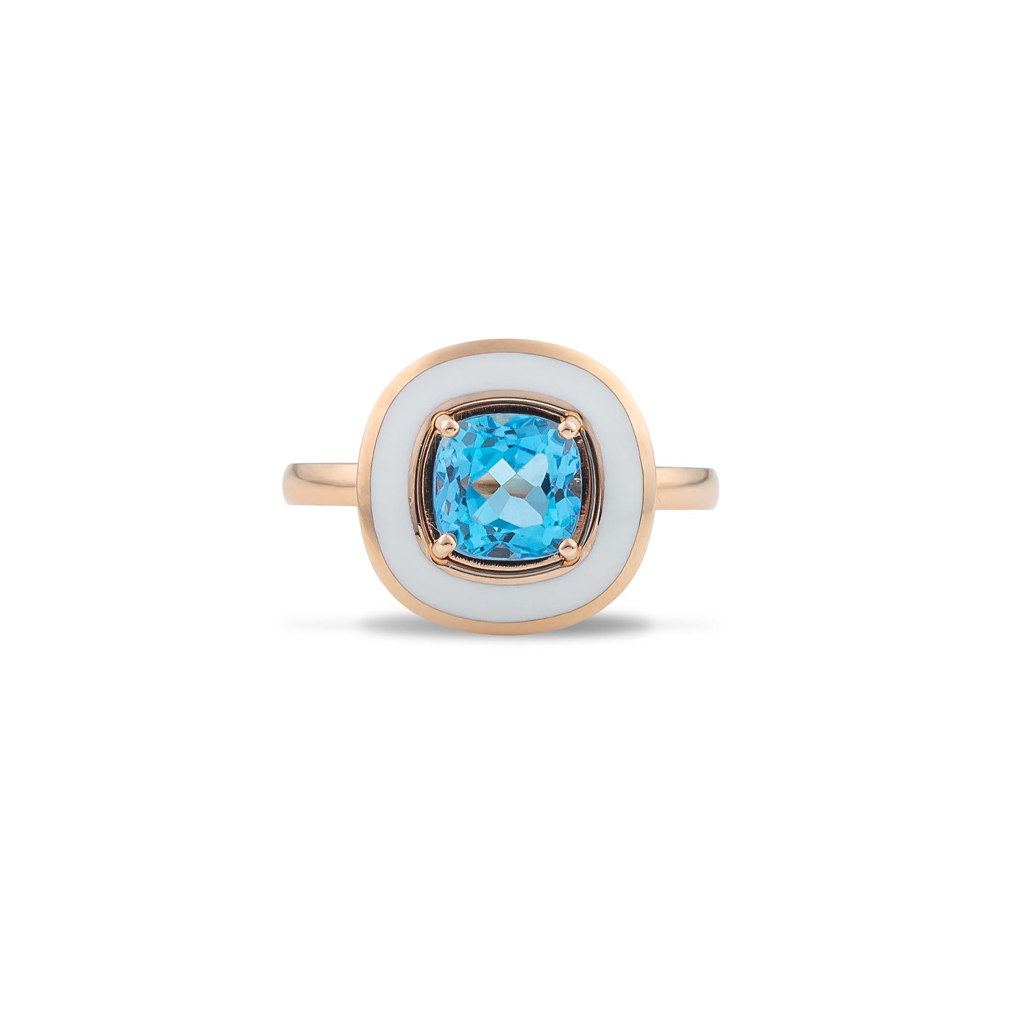 Contemporary White Enamel Cocktail Ring with Cushion Blue Topaz 2.15 Carat in 18 Kt Rose Gold For Sale