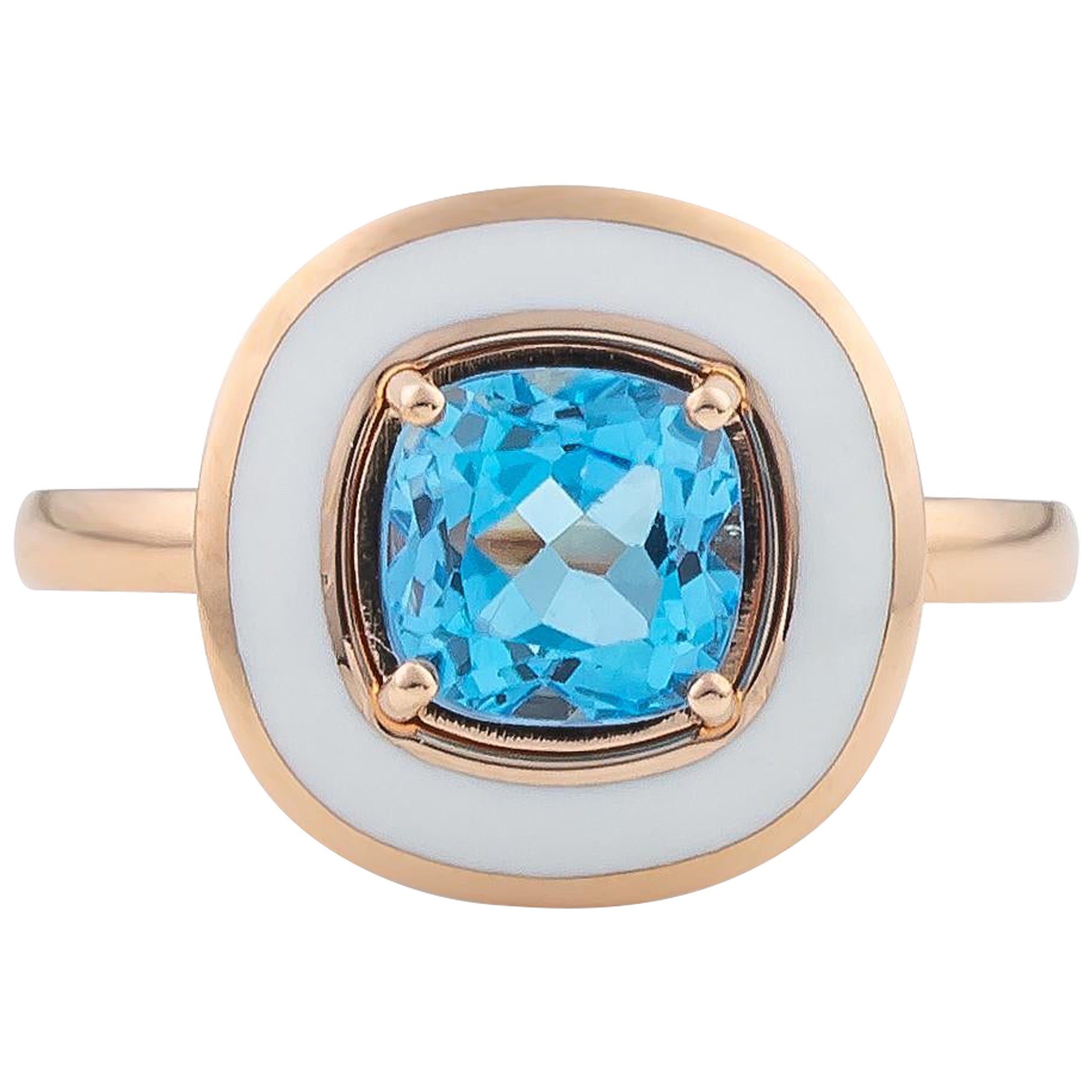 Anello Cocktail con smalto bianco e topazio blu a cuscino da 2,15 carati in oro rosa 18 Kt in vendita