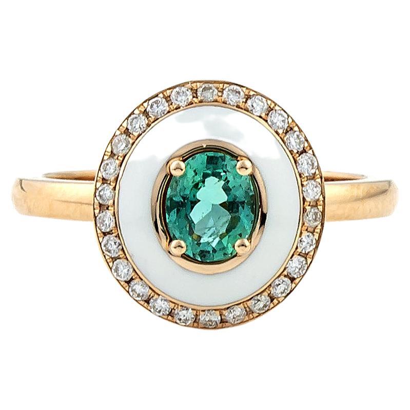 White Enamel Cocktail Ring with Oval Emarald Center and Diamonds 18kt Rose Gold For Sale