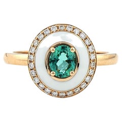 White Enamel Cocktail Ring with Oval Emarald Center and Diamonds 18kt Rose Gold