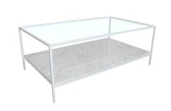 White Enamel Cocktail Table with Carrara Marble Shelf and Glass Top