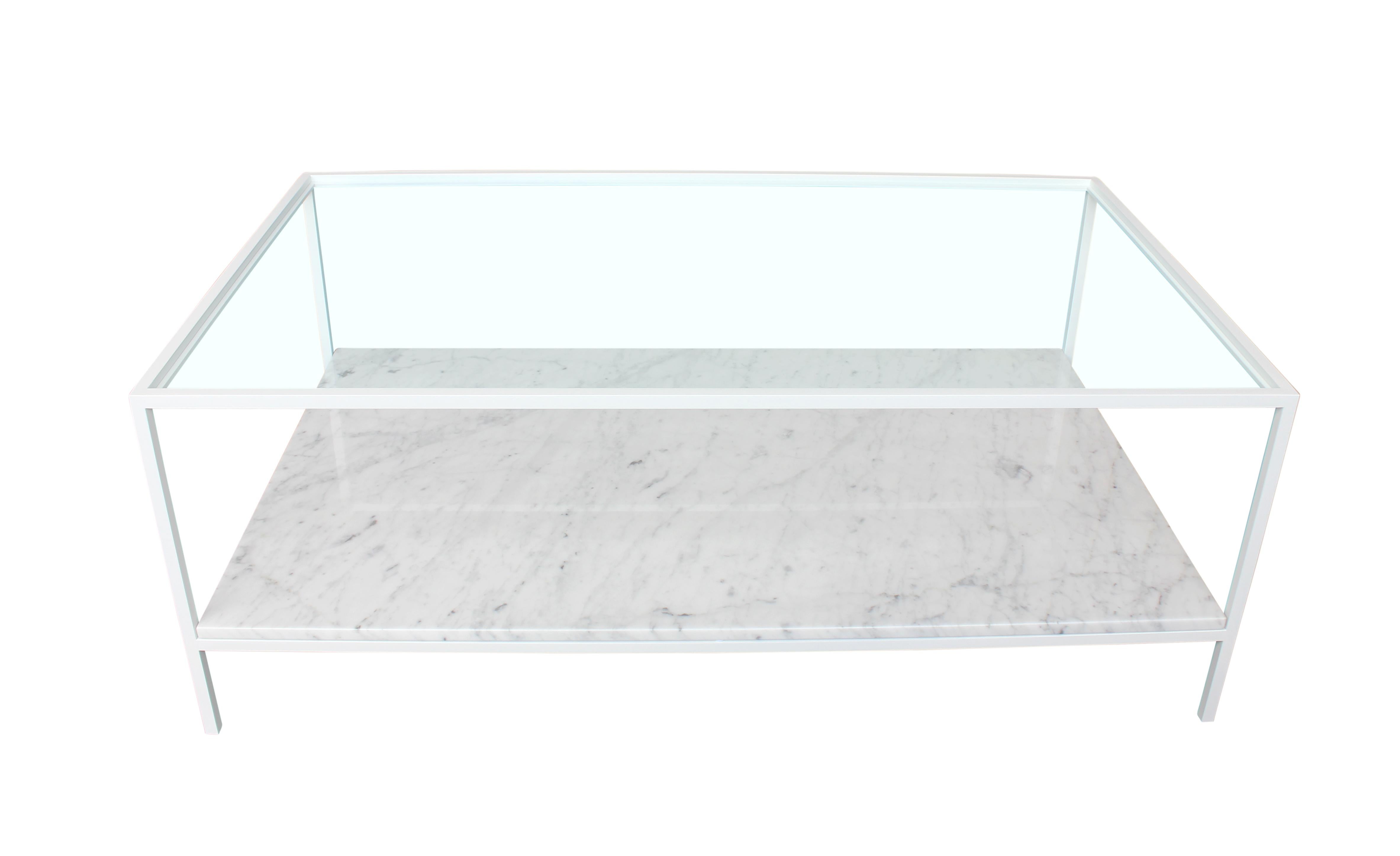Modern White Enamel Cocktail Table with Carrara Marble Shelf and Glass Top For Sale