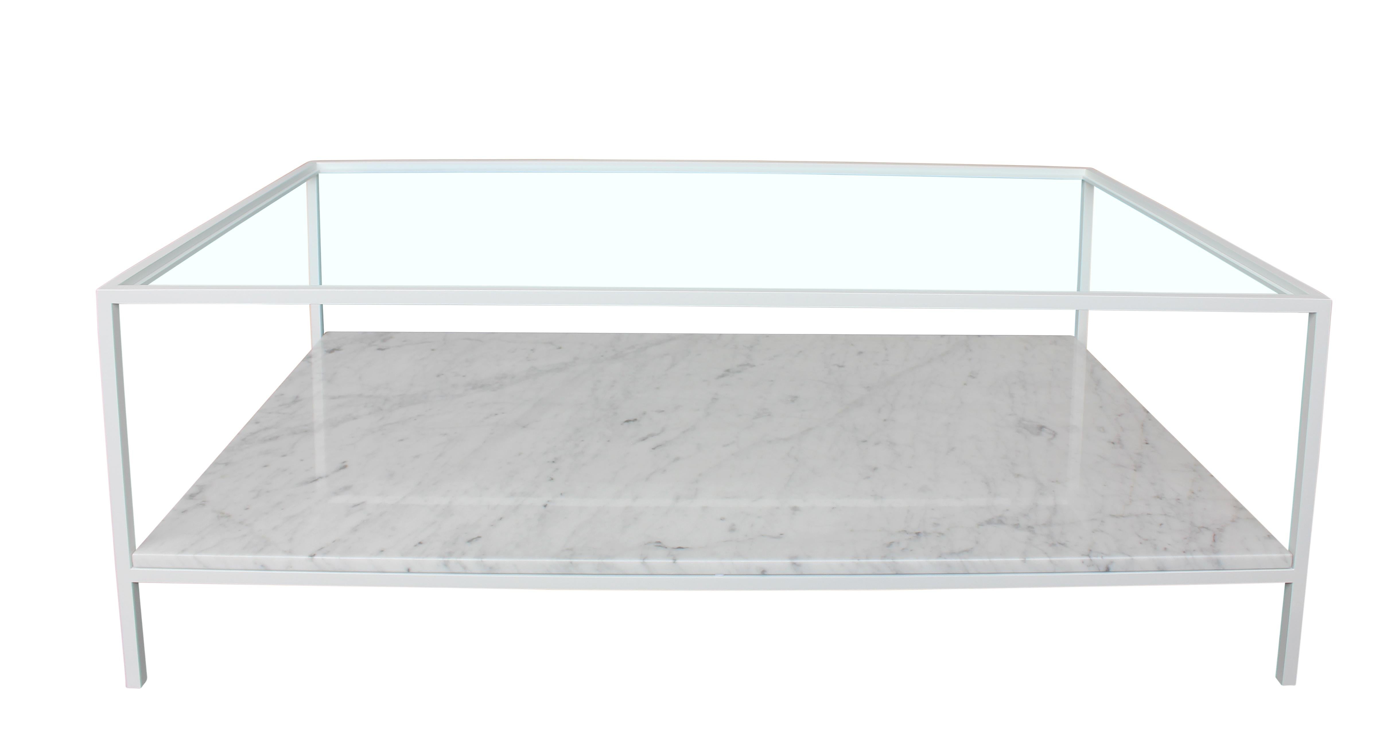American White Enamel Cocktail Table with Carrara Marble Shelf and Glass Top For Sale