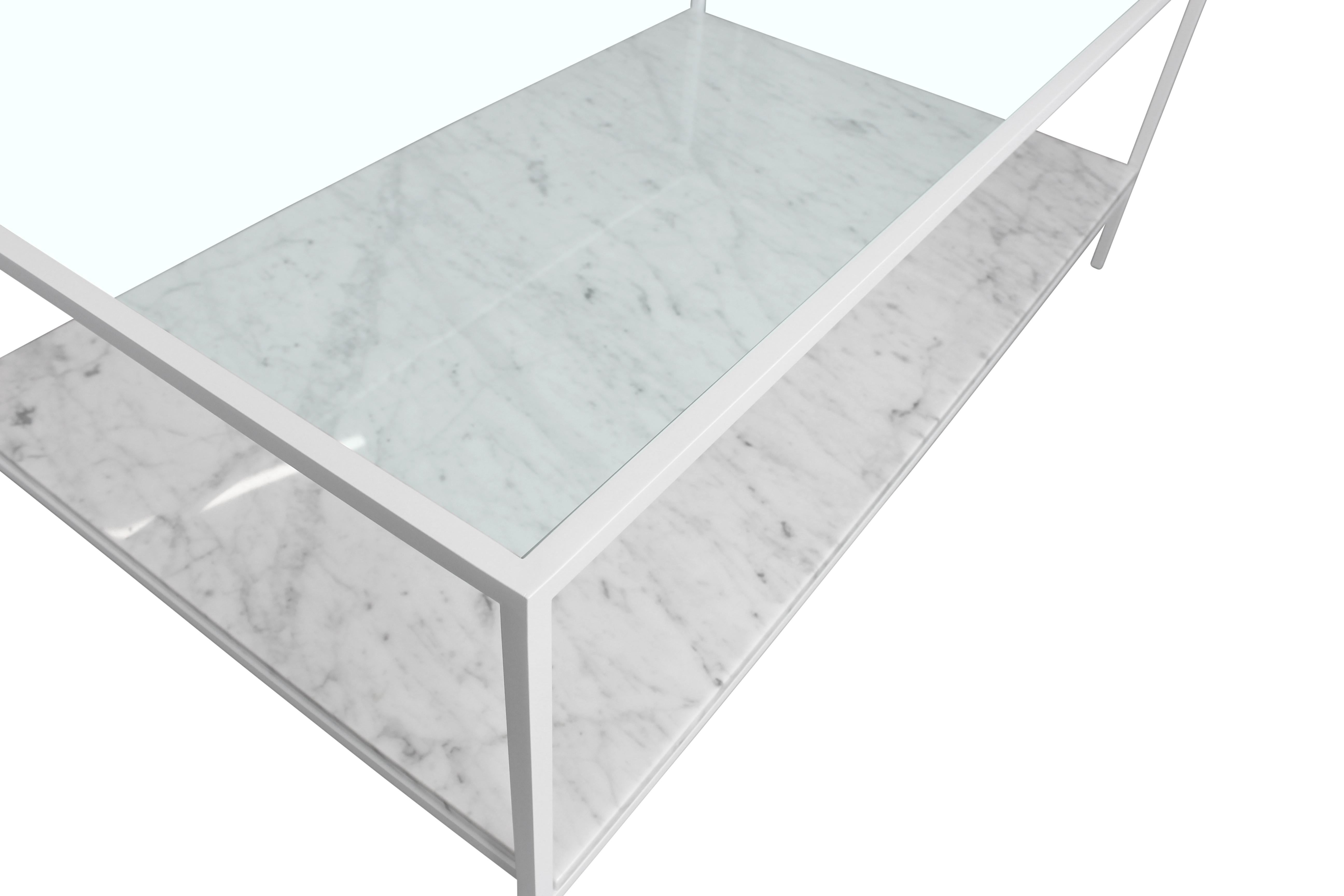 Painted White Enamel Cocktail Table with Carrara Marble Shelf and Glass Top For Sale