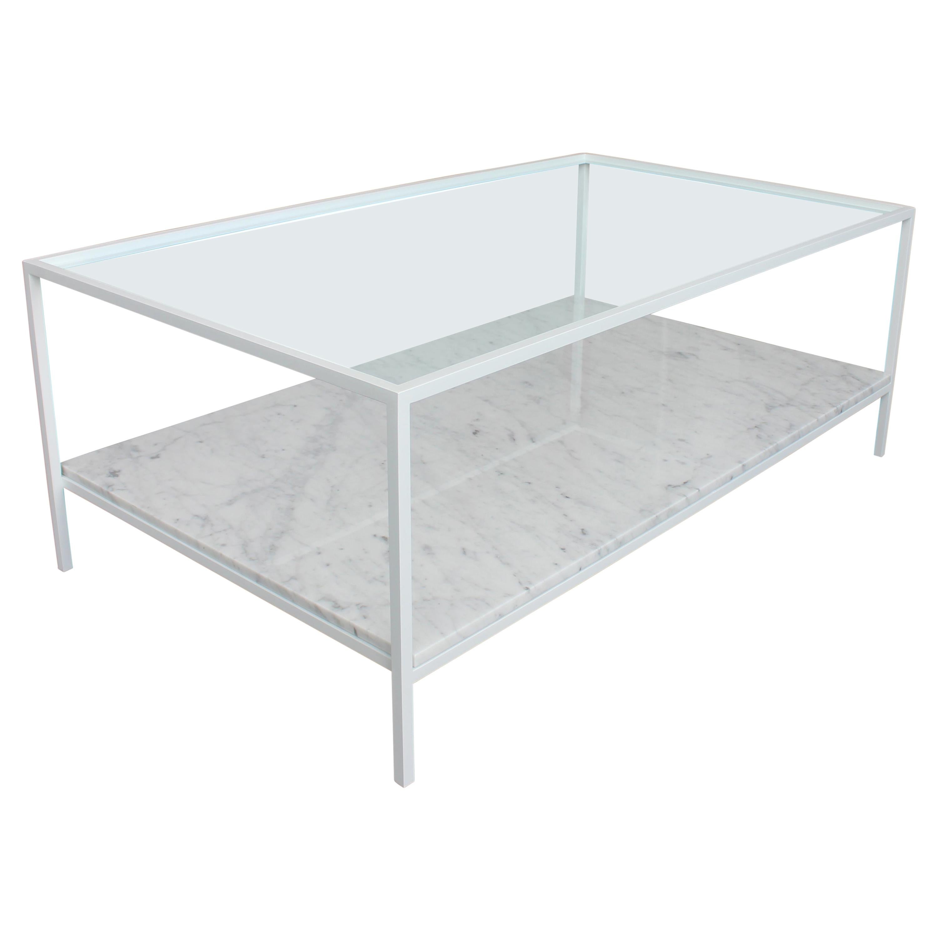 White Enamel Cocktail Table with Carrara Marble Shelf and Glass Top For Sale