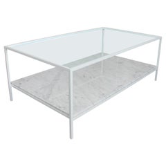 White Enamel Cocktail Table with Carrara Marble Shelf and Glass Top
