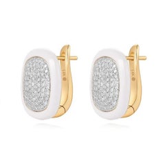 White Enamel Cushion 14K (or 18k upon request) Yellow Gold Diamond Stud Earrings