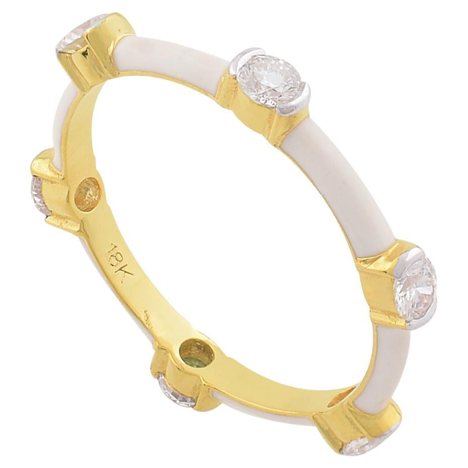 White Enamel Diamond 14 Karat Gold Ring For Sale