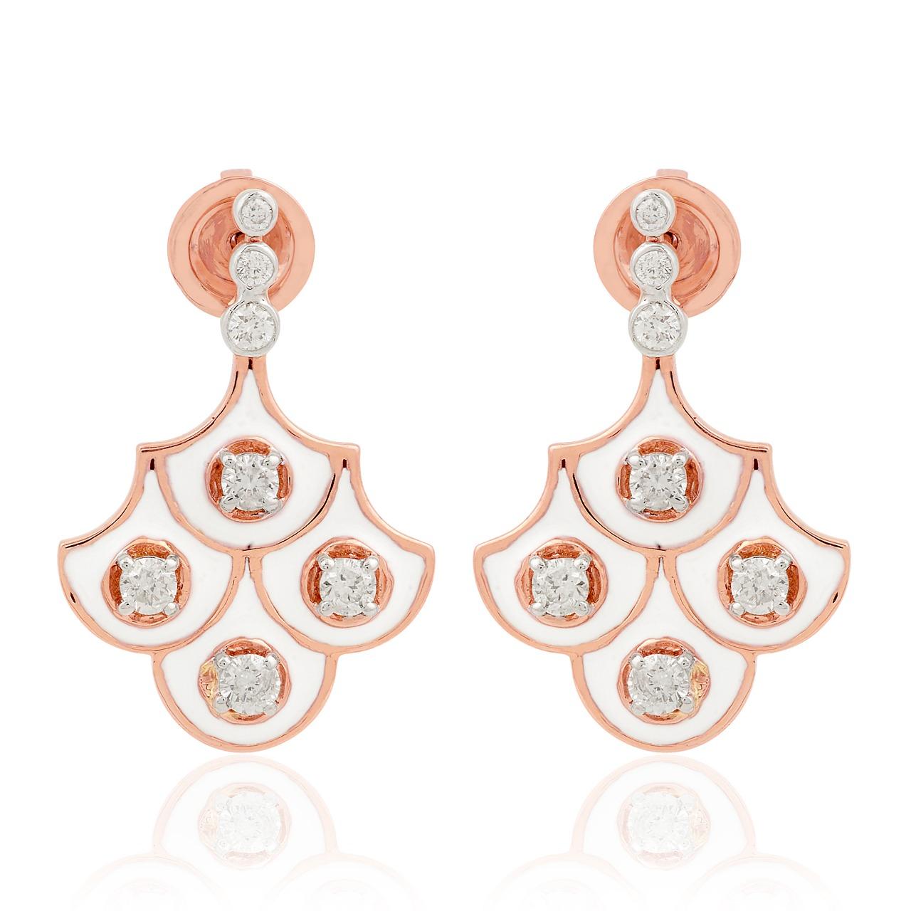 Mixed Cut White Enamel Diamond 14 Karat Rose Gold Earrings For Sale