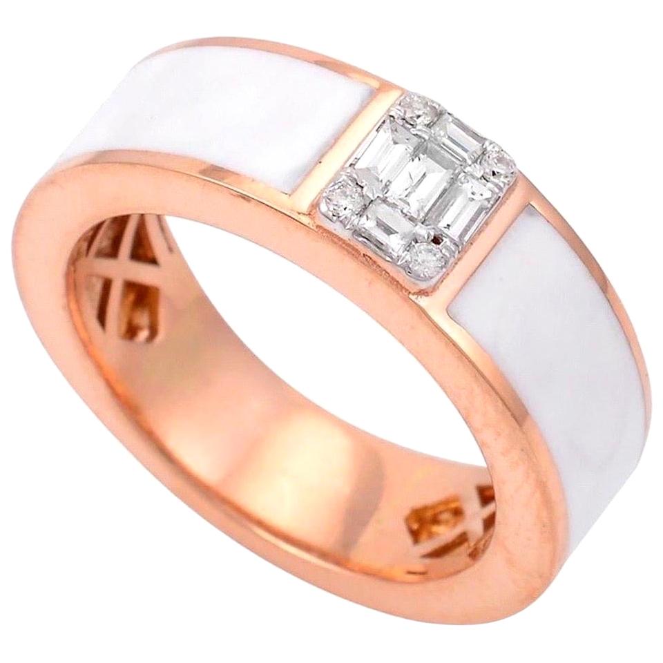 For Sale:  White Enamel Diamond 18 Karat Gold Ring