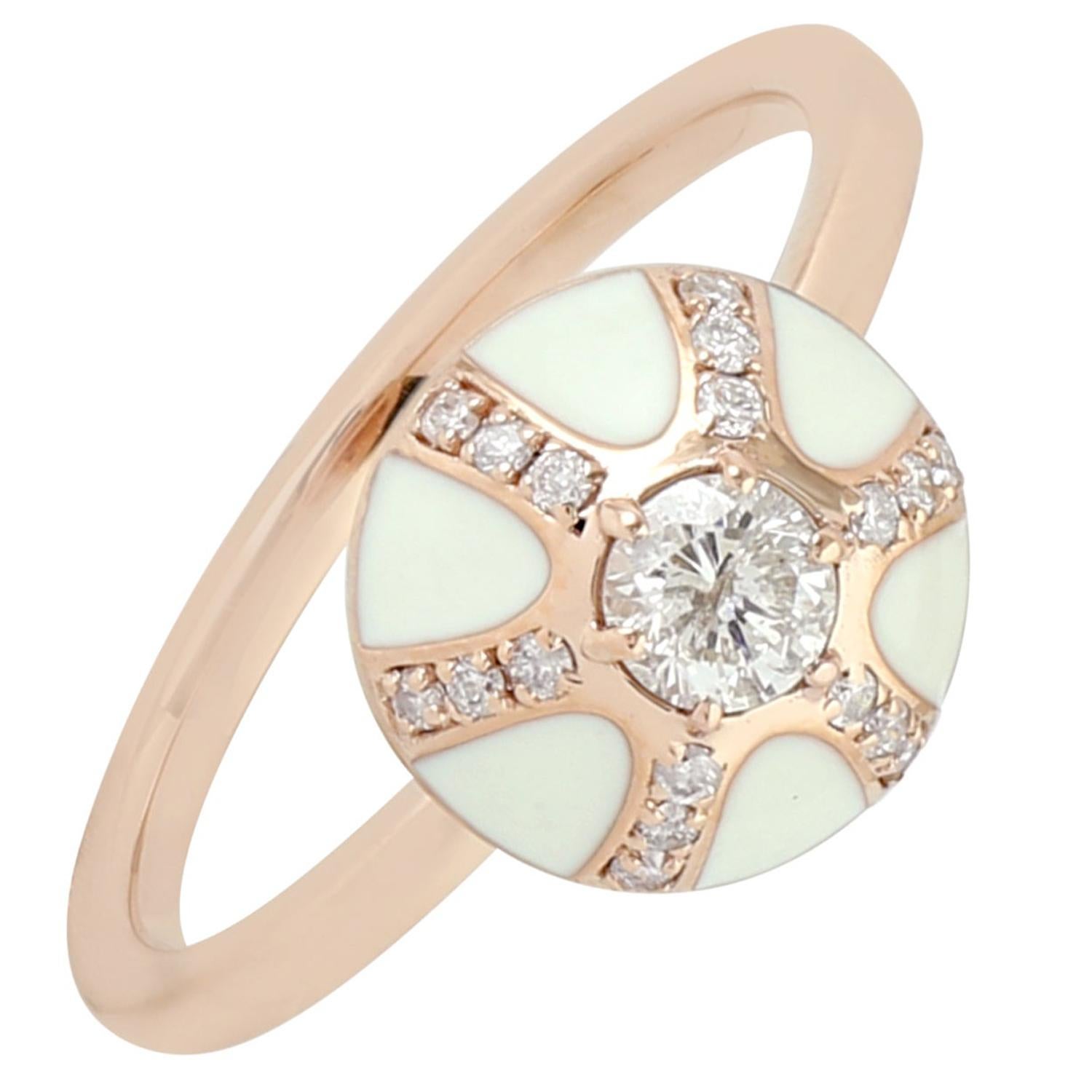 White Enamel Diamond 18 Karat Gold Ring