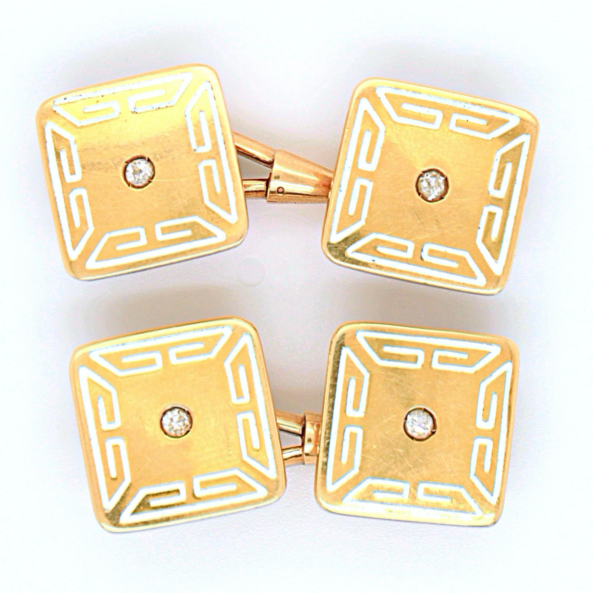 Men's White Enamel, Diamond and Gold Cufflinks, Art Deco, 1920s For Sale