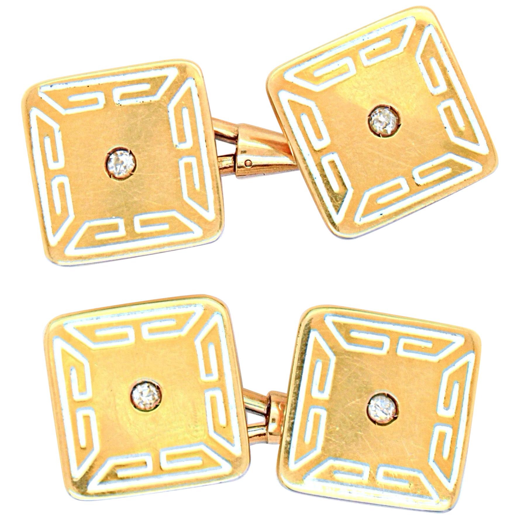 White Enamel, Diamond and Gold Cufflinks, Art Deco, 1920s For Sale