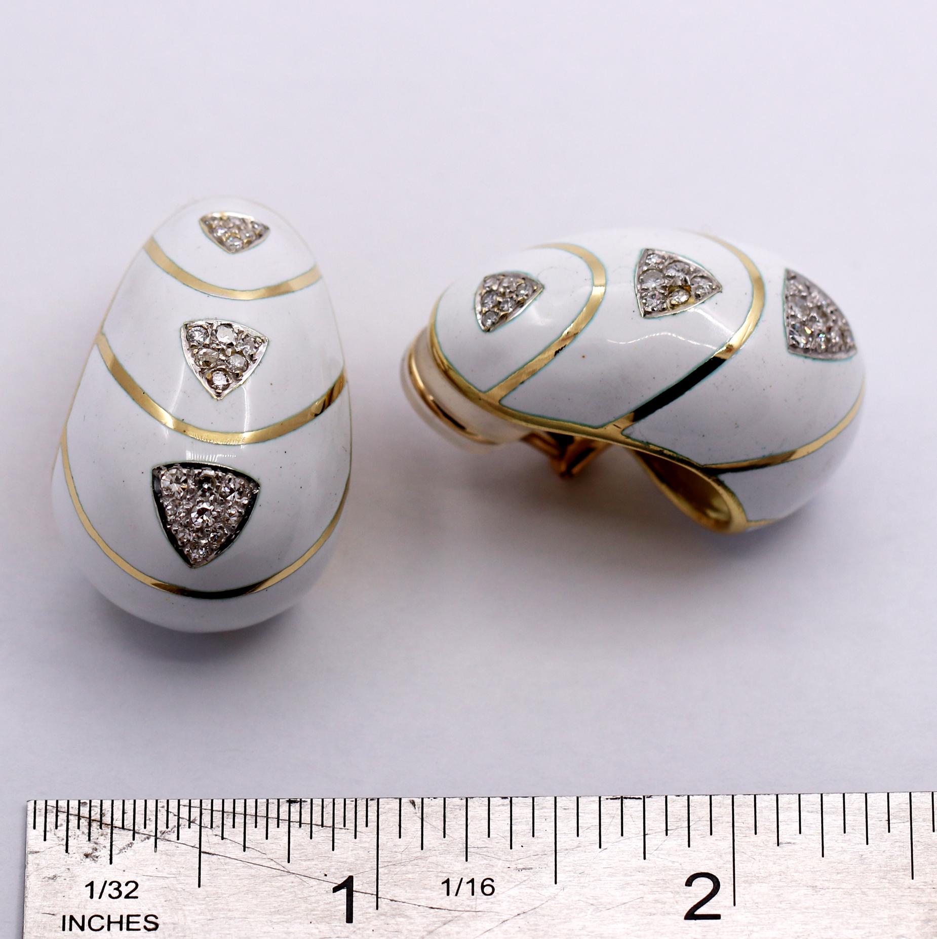 Women's White Enamel Diamond and Gold Earrings