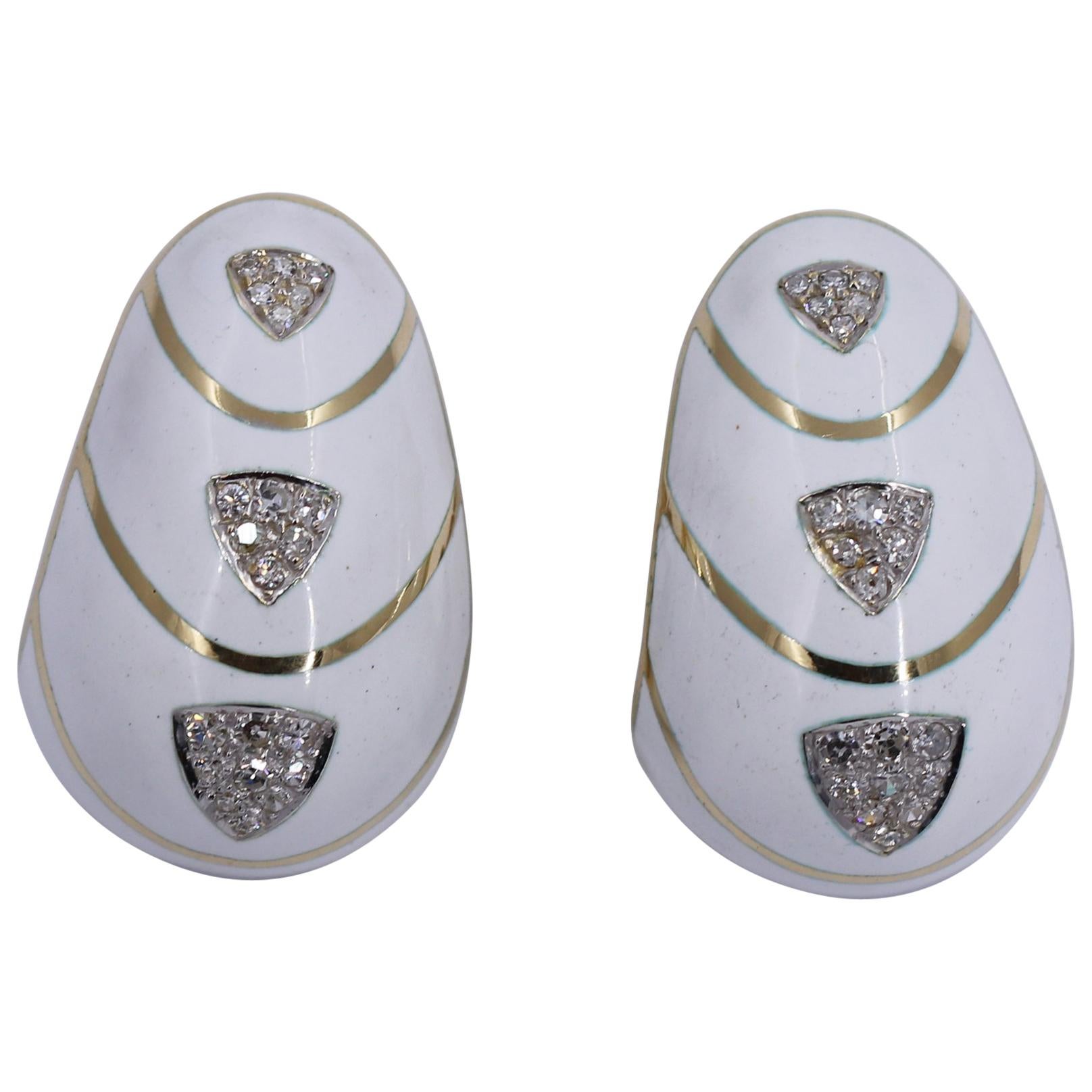 White Enamel Diamond and Gold Earrings