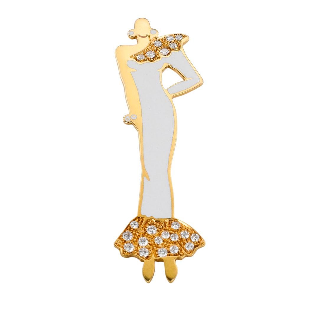White enamel diamond and yellow gold diva brooch pendant by Alfieri & St John circa 1980.  Clear and concise information you want to know is listed below.  Contact us right away if you have additional questions.  We are here to connect you with